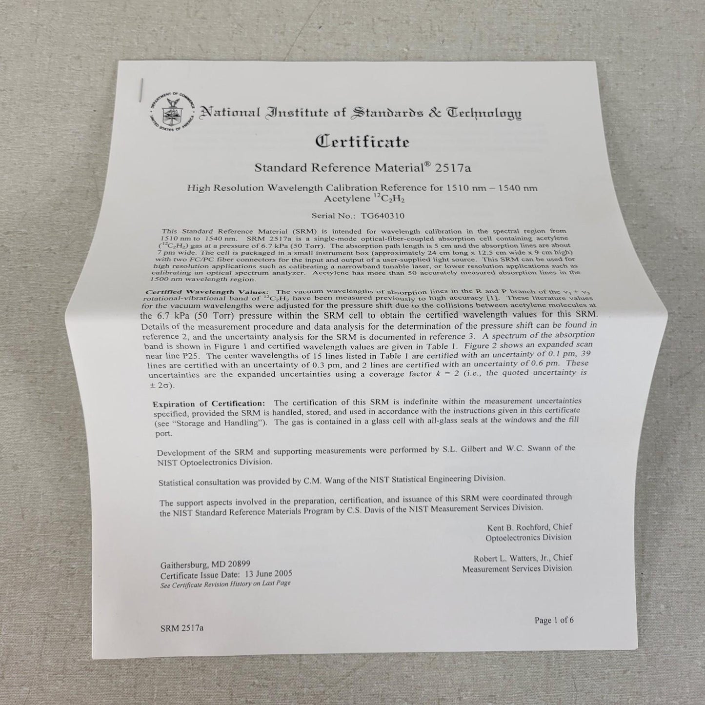NIST 2517a High Resolution Wavelength Calibration Reference Certificate TG640310