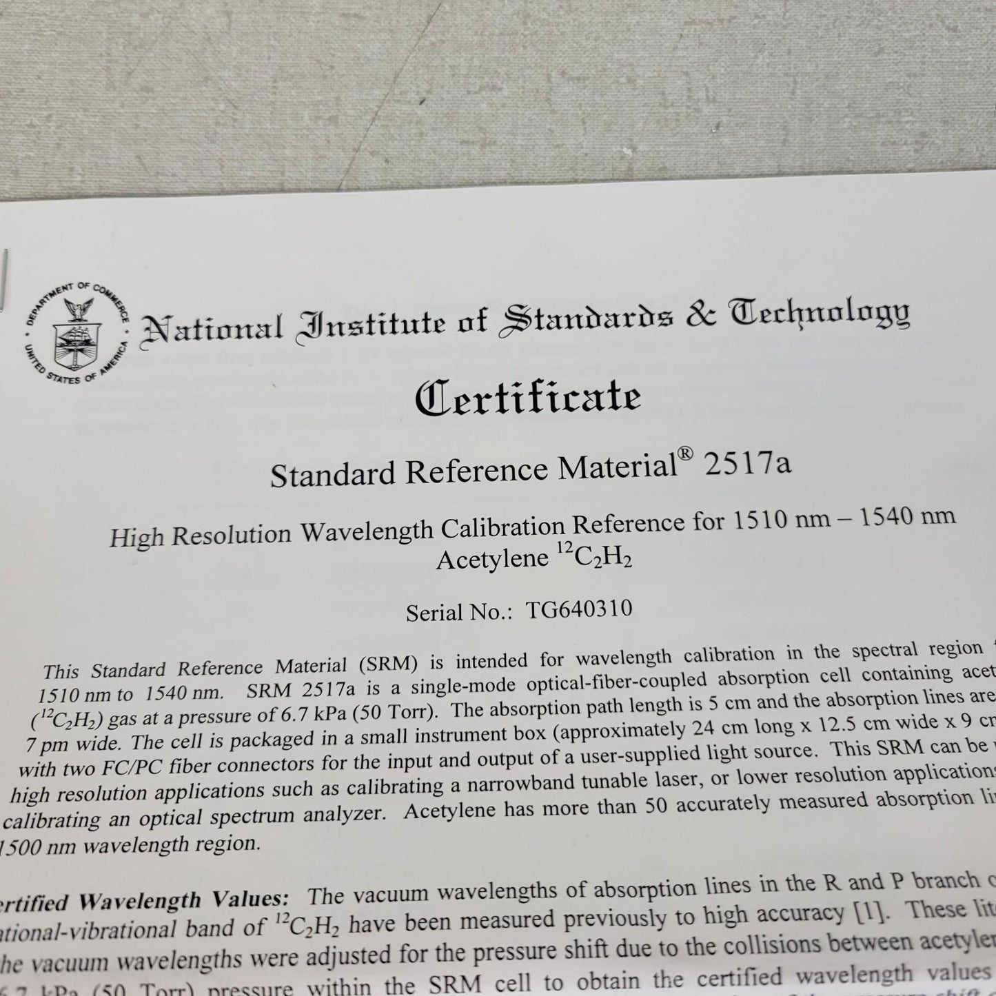 NIST 2517a High Resolution Wavelength Calibration Reference Certificate TG640310