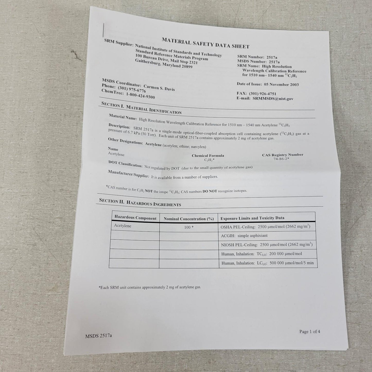 NIST 2517a High Resolution Wavelength Calibration Reference Certificate TG640310