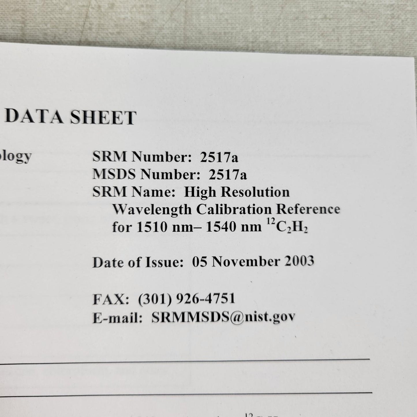 NIST 2517a High Resolution Wavelength Calibration Reference Certificate TG640310