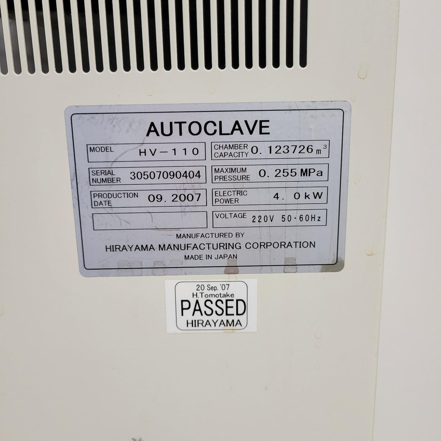 TESTED Hirayama HICLAVE HV-110 Upright Autoclave Sterilization Device 110 Liter