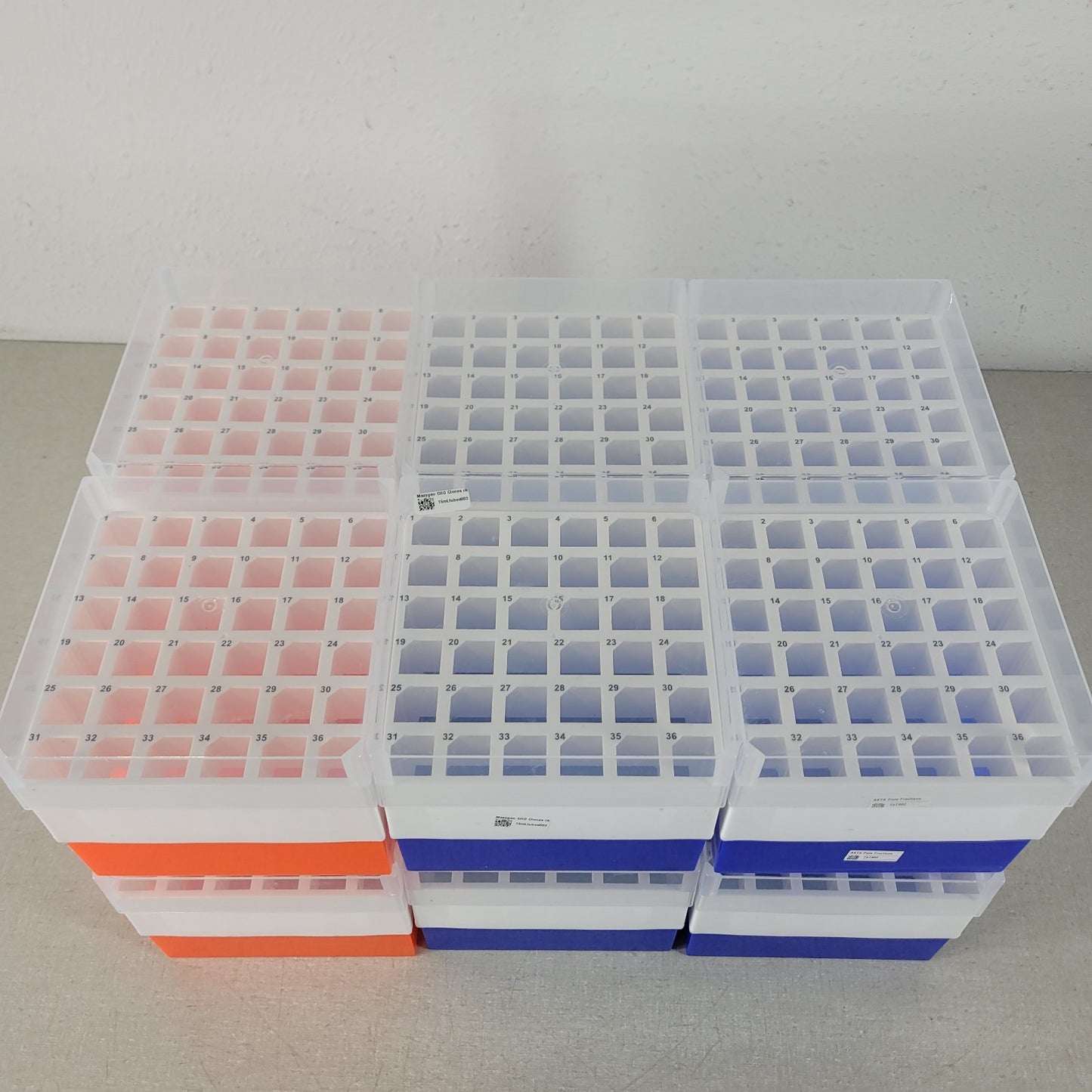 Lot of 12 36-Place 15mL Cole-Parmer Polypropylene Freezer Box  3 Orange 9 Blue