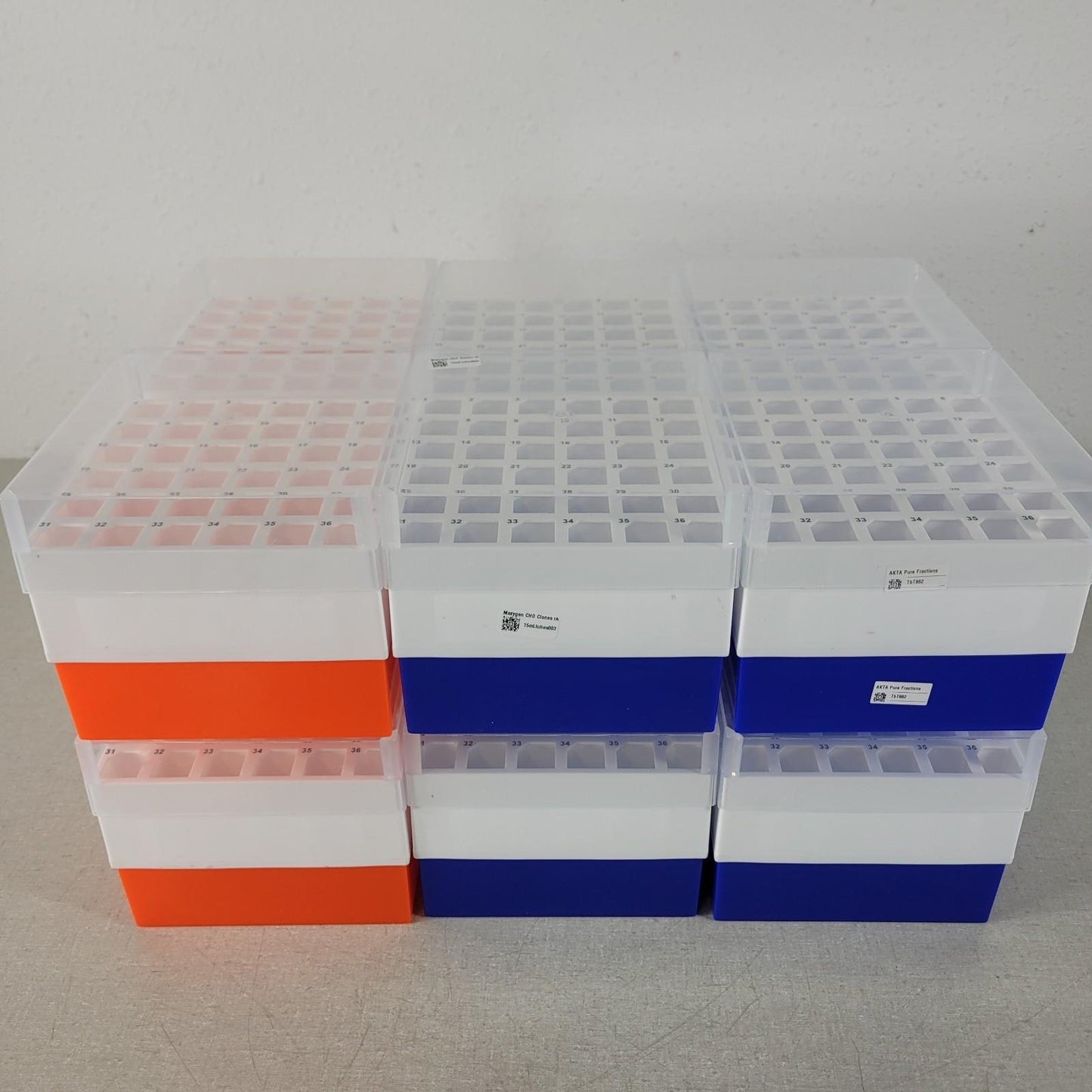 Lot of 12 36-Place 15mL Cole-Parmer Polypropylene Freezer Box  3 Orange 9 Blue