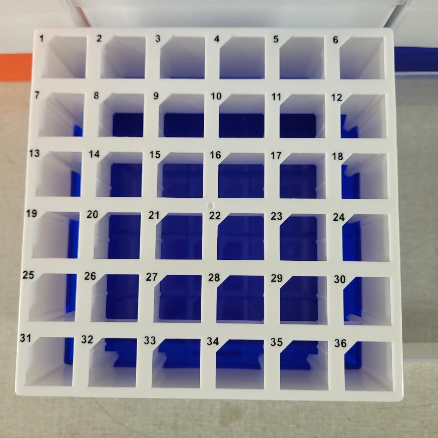 Lot of 12 36-Place 15mL Cole-Parmer Polypropylene Freezer Box  3 Orange 9 Blue