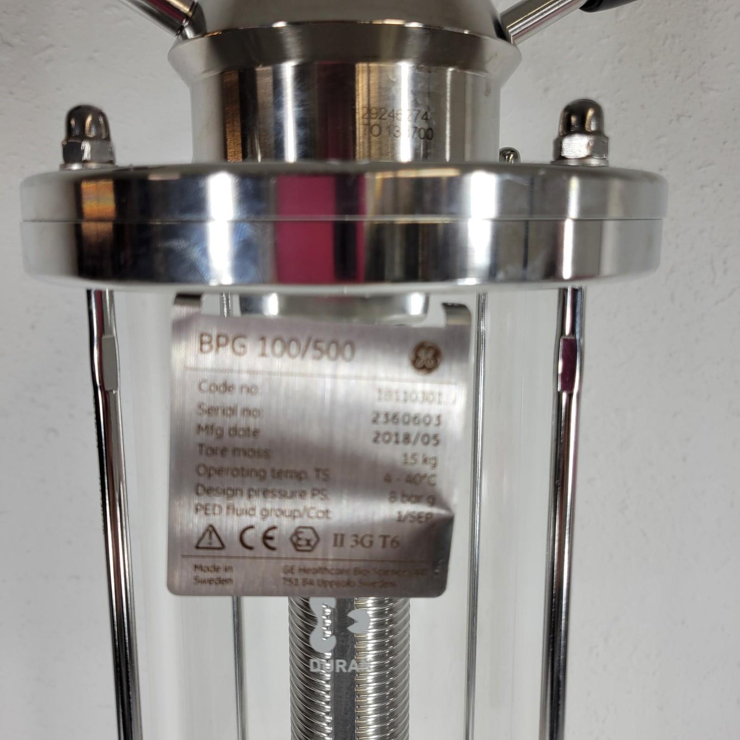 Cytiva GE DURAN BPG 100/500 Bioprocess Glass Chromatography Column 8 barg 4L