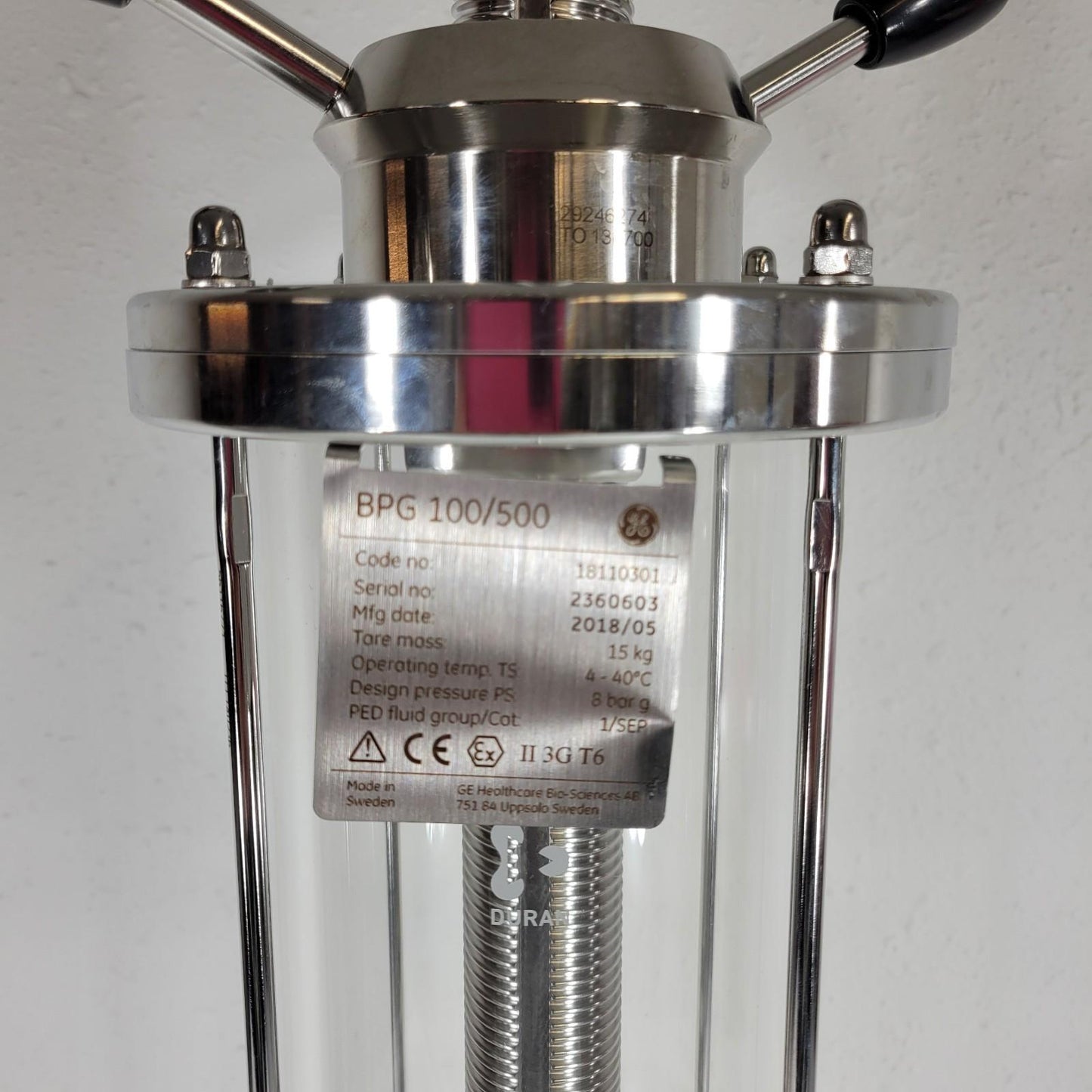 Cytiva GE DURAN BPG 100/500 Bioprocess Glass Chromatography Column 8 barg 4L
