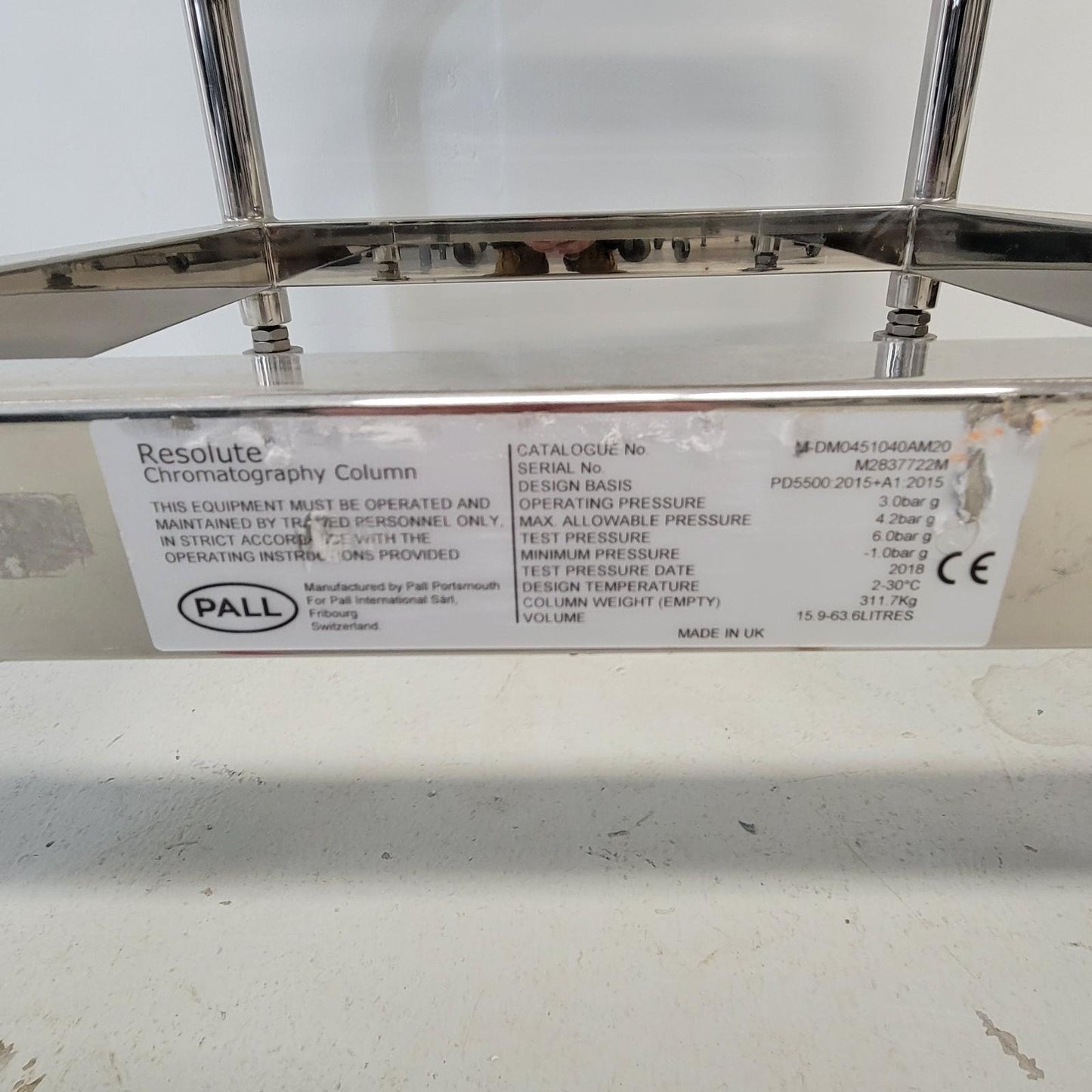 Pall Resolute 450/400 Low Pressure Chromatography Column 3 Bar 63 Liter 2018