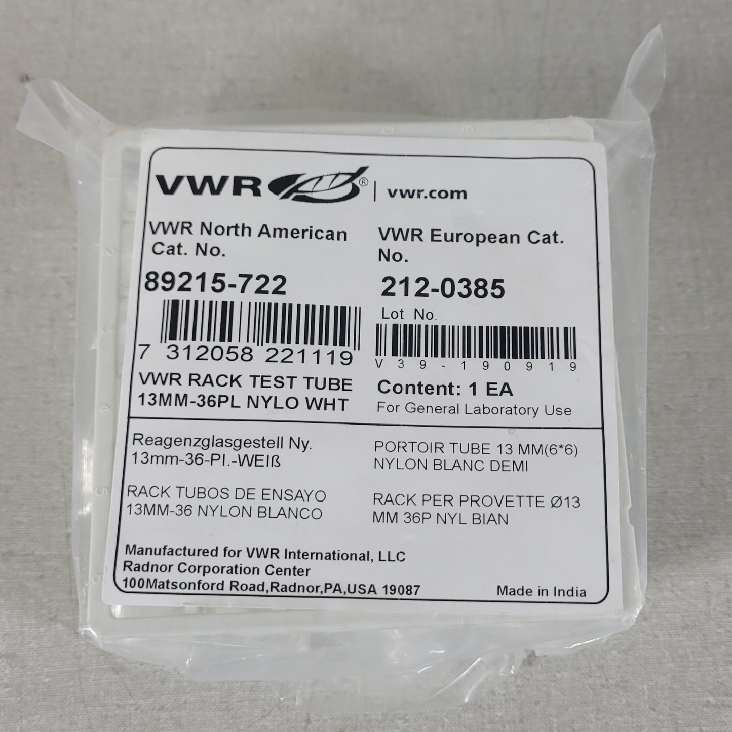 VWR 89215-722 Rack Test Tube 13mm Tubes 36 Place Well White Nylon