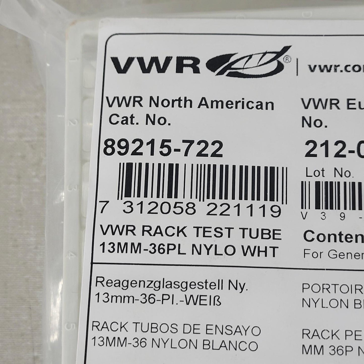 VWR 89215-722 Rack Test Tube 13mm Tubes 36 Place Well White Nylon