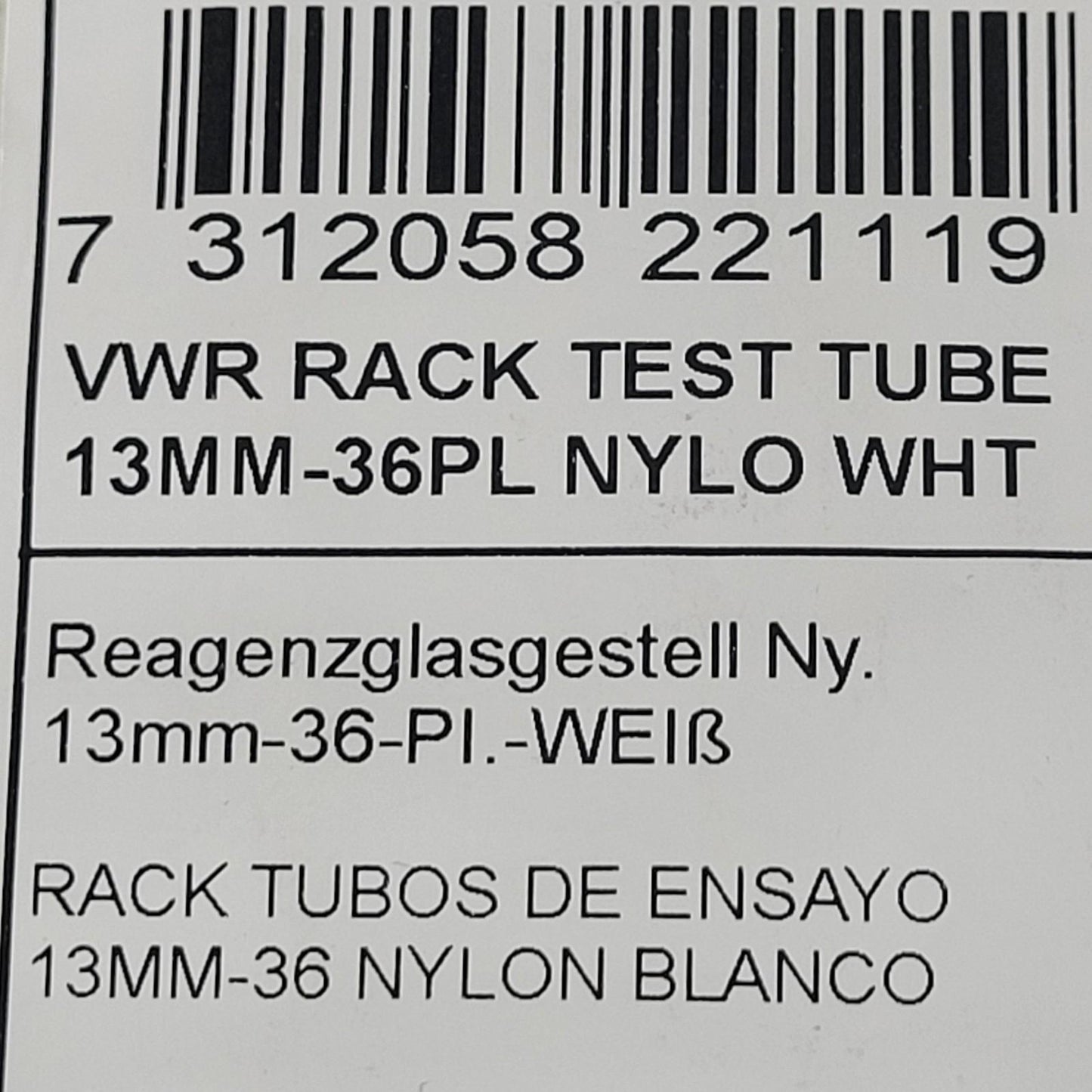 VWR 89215-722 Rack Test Tube 13mm Tubes 36 Place Well White Nylon