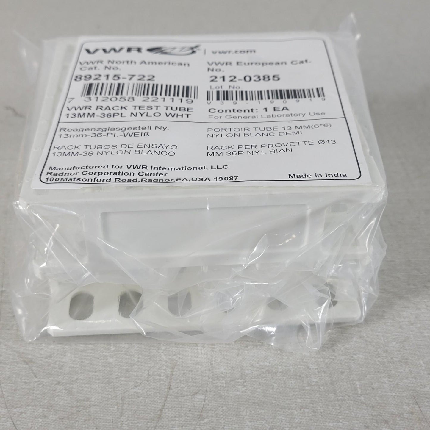 VWR 89215-722 Rack Test Tube 13mm Tubes 36 Place Well White Nylon