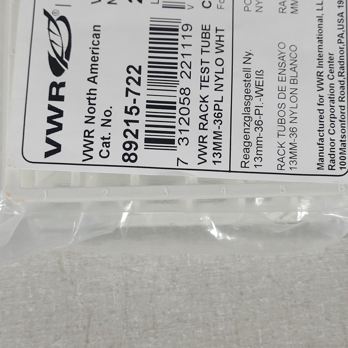 VWR 89215-722 Rack Test Tube 13mm Tubes 36 Place Well White Nylon