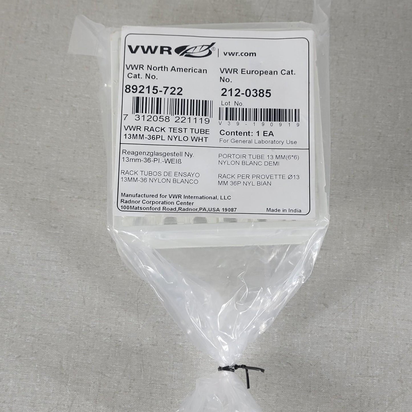 VWR 89215-722 Rack Test Tube 13mm Tubes 36 Place Well White Nylon