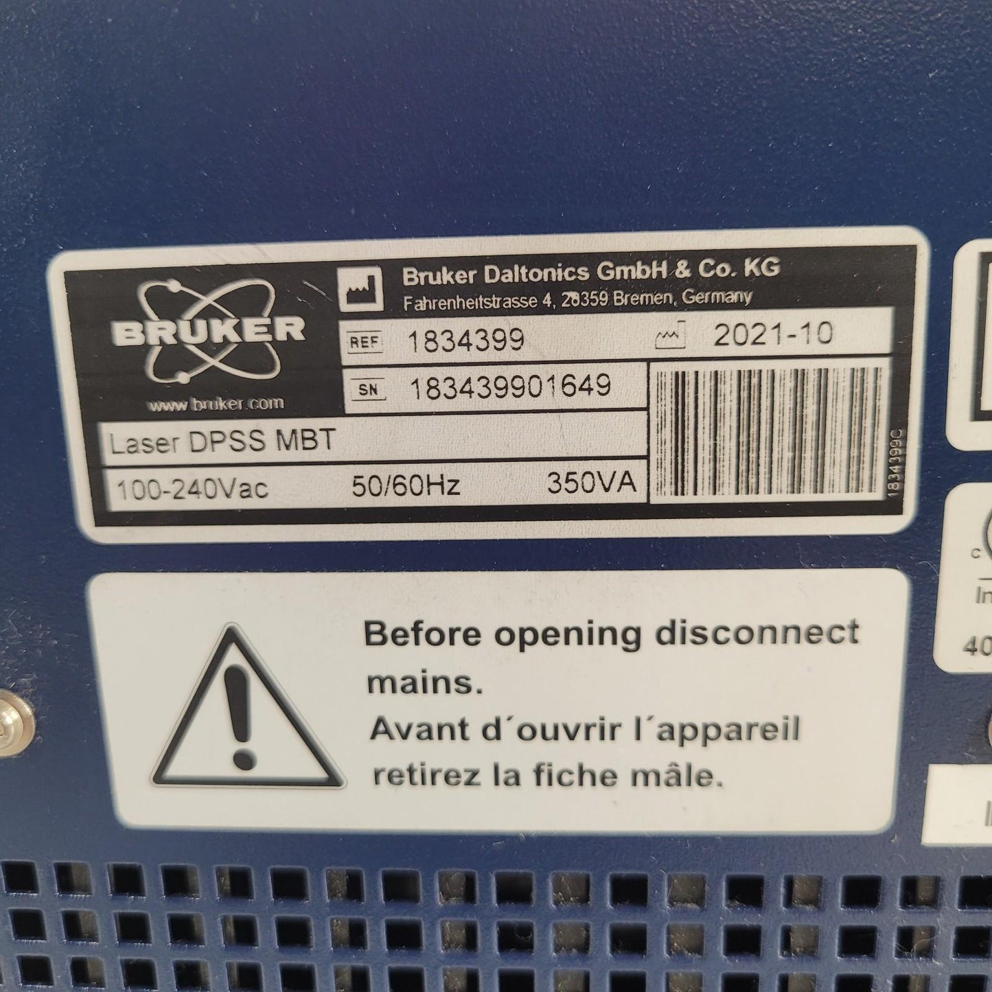 Bruker Smartbeam Laser DPSS MBT 100-240V  1.5W 355-1064nm 1834399 MALDI Biotyper