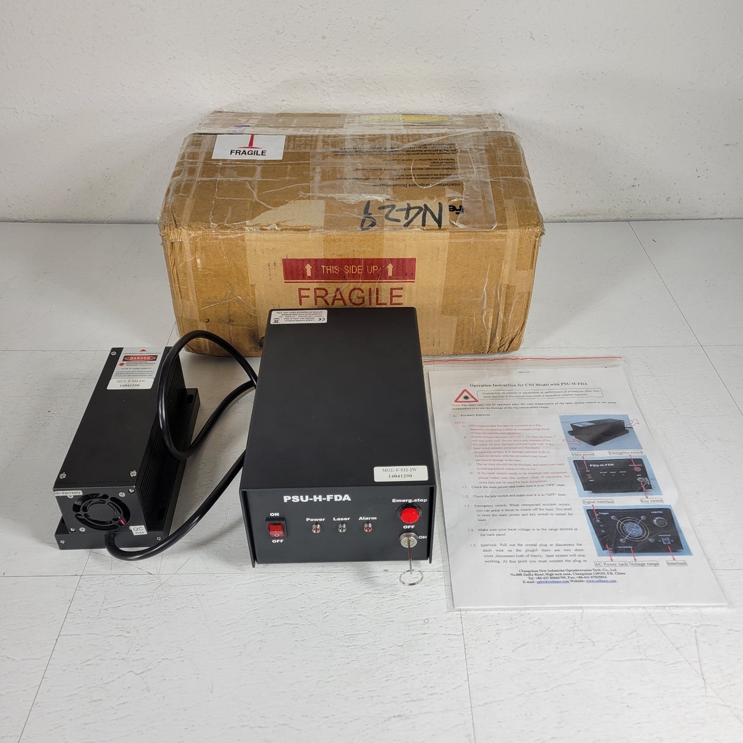 TESTED Optoelectronics 532nm MGL-F-532-2W DPSS Laser Head w/ PSU-H-FDA Source