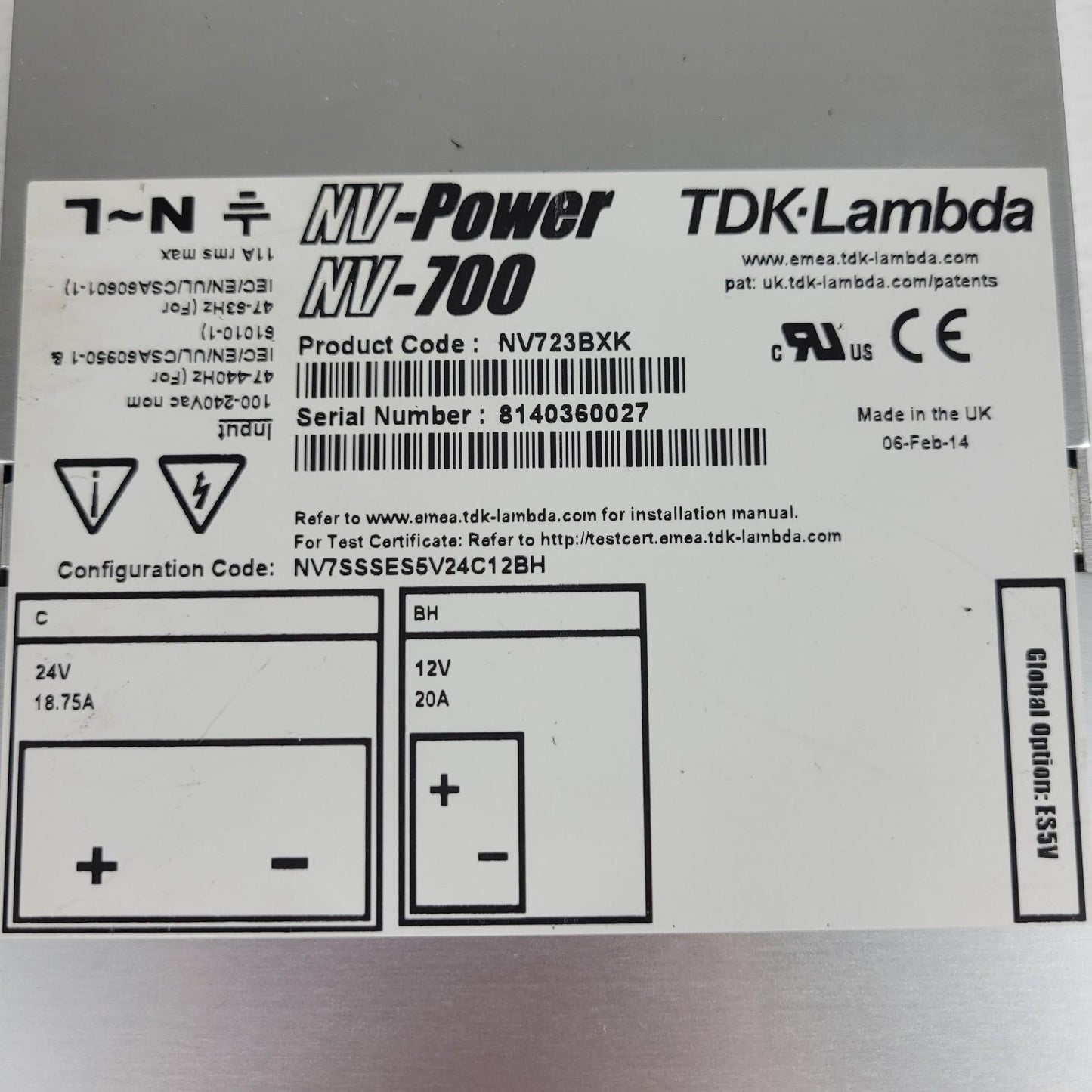 TDK Lambda NV723BXK Single Phase AC DC Power Supply 24V 12VDC Max Output 1150W