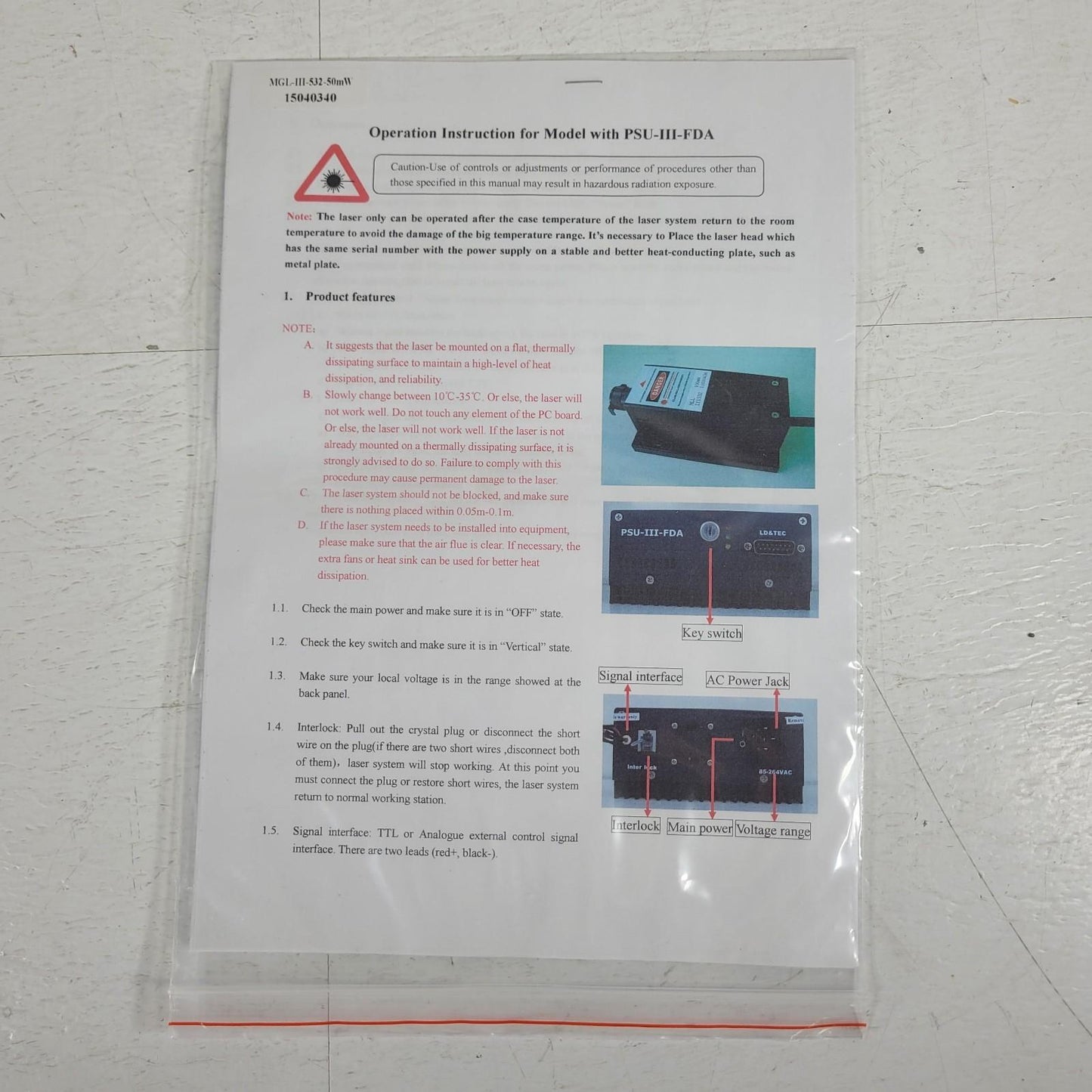 TESTED Dragon Lasers MGL-III-532-50 532nm Head w/ PSU-III-FDA Power Supply TEM00