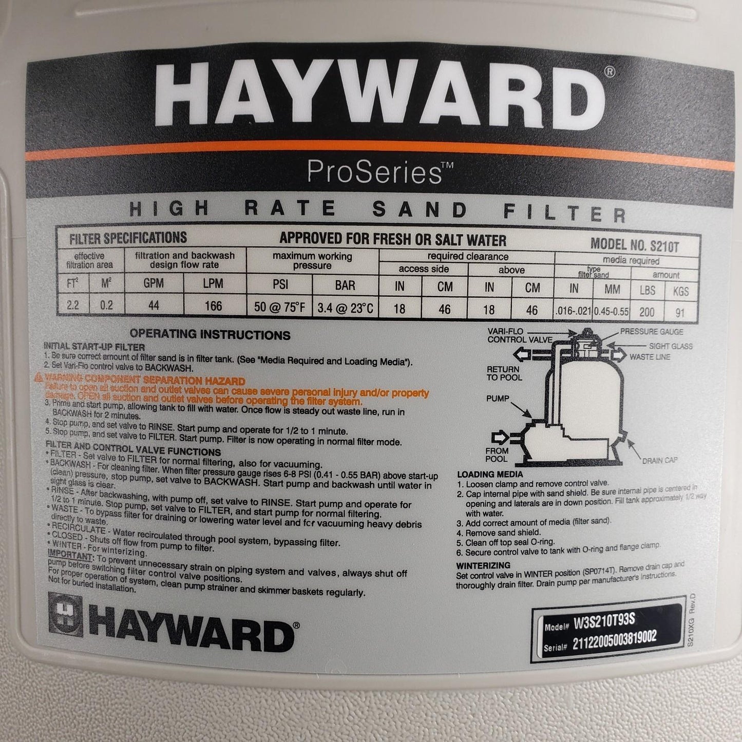 Hayward S210T Pool Sand Filter w Hayward Power-Flo Matrix Pump 1.5 HP 115 V 15 A