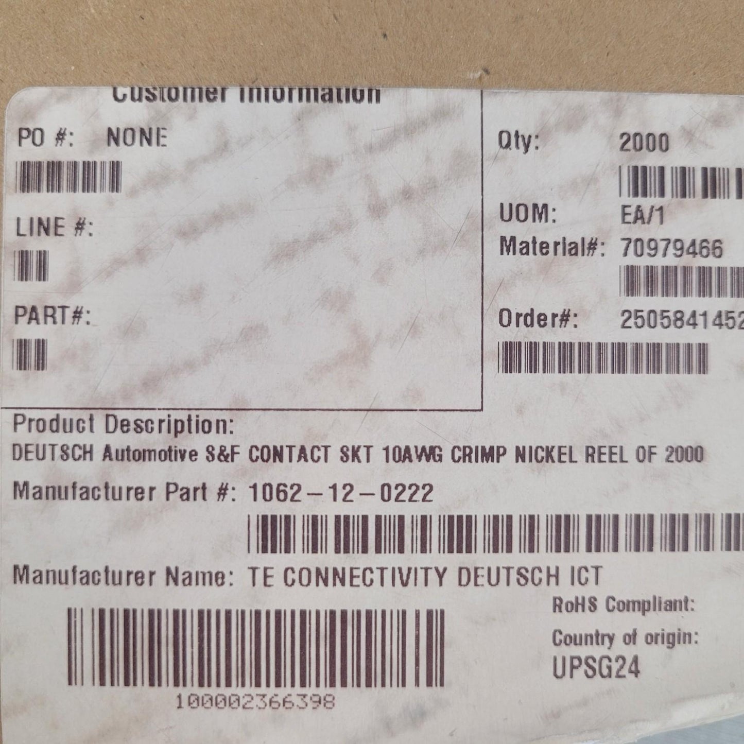 Partial Reel 1500 Count: TE Connectivity Deutsch 1062-12-0222 Crimps 10 AWG