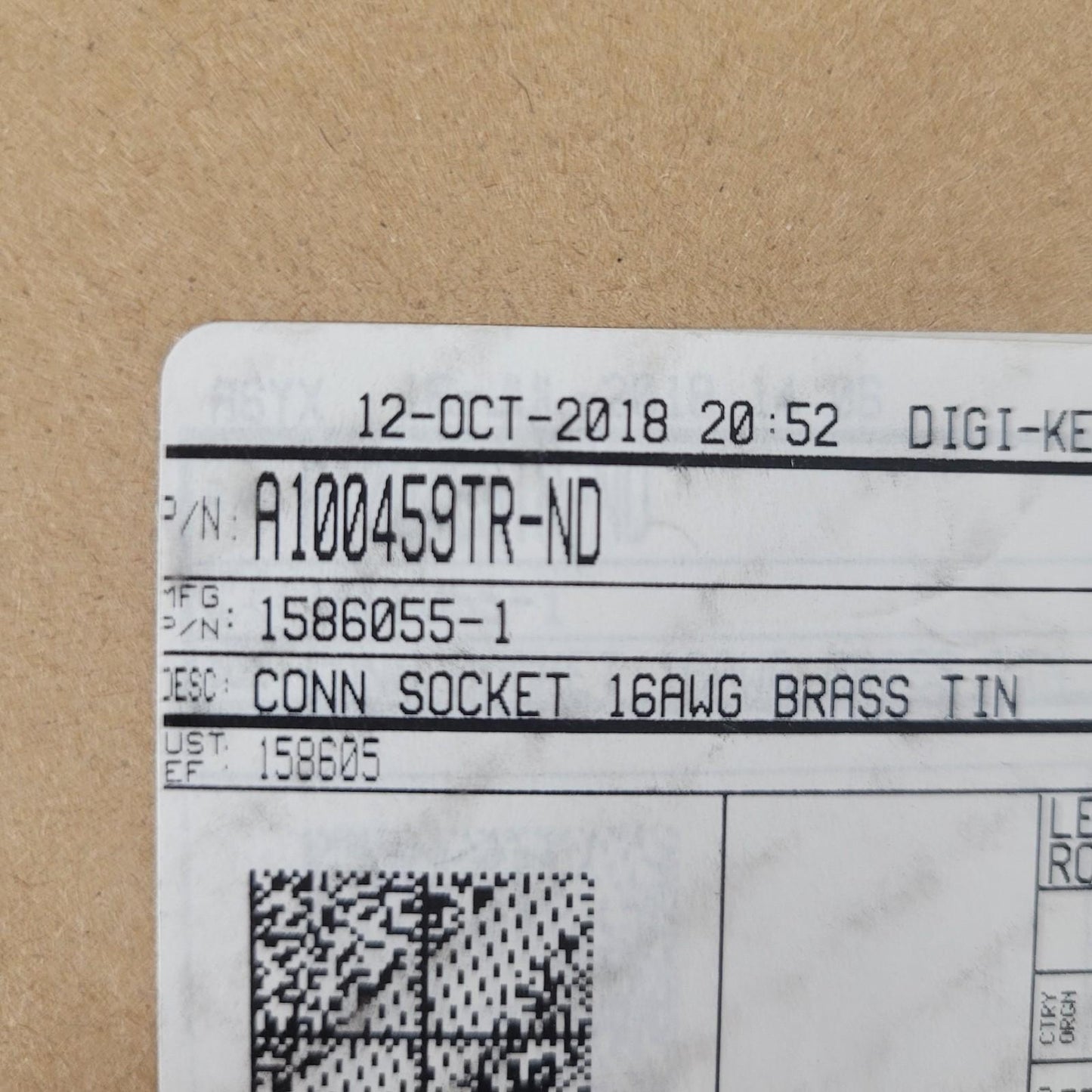 Partial Reel 2900 Count: TE Connectivity 1586055-1 Crimps 16 AWG Brass Tin