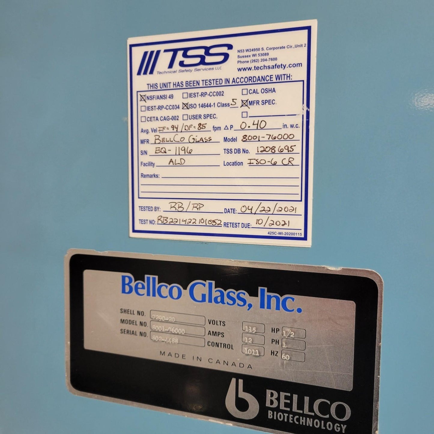 TESTED Bellco 8001-76000 6ft Class II Biosafety Cabinet BSC Lab Hood Workstation