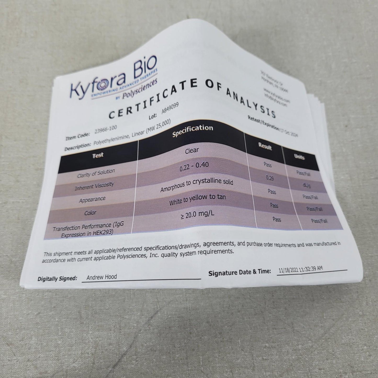 Kyfora Bio Polyethylenimine 23966-100 Linear MW 25000 Transfection Reagent