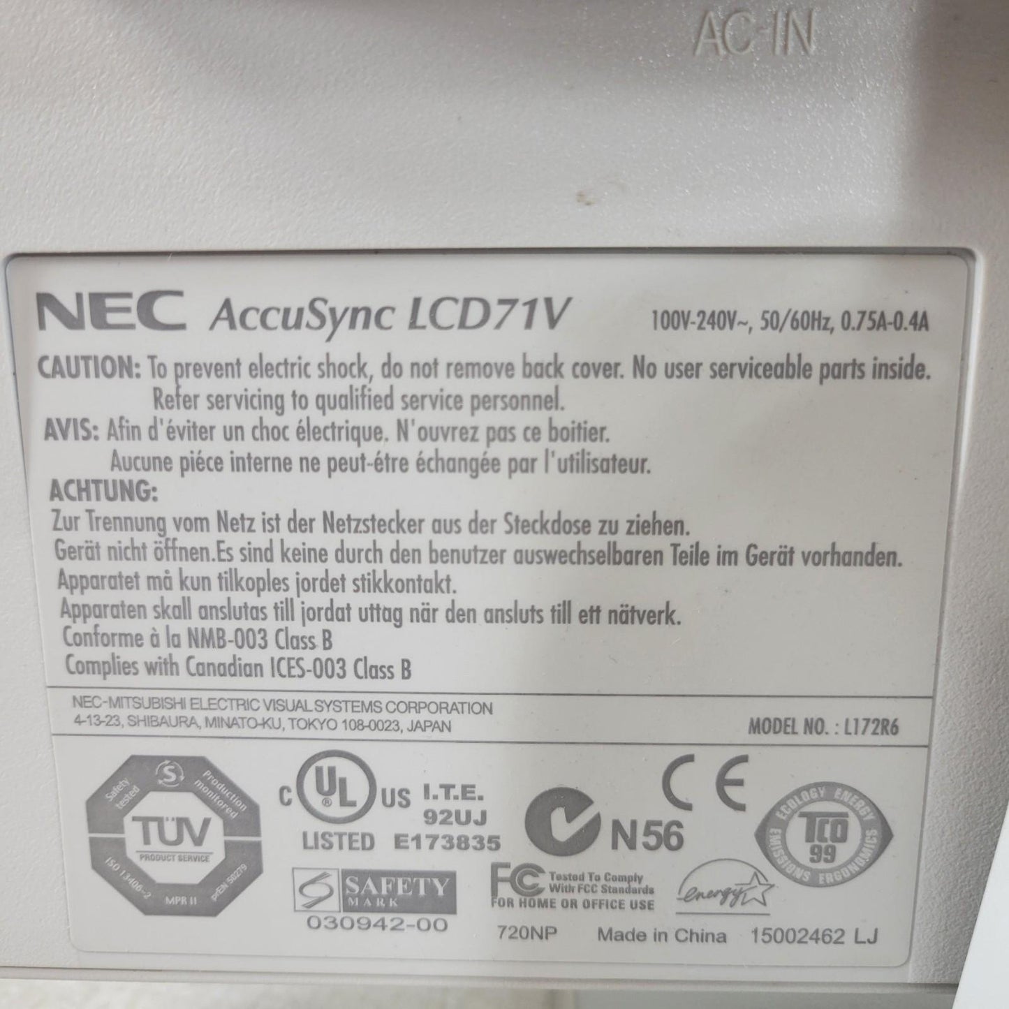 Vintage NEC L172R6 AccuSync LCD71V Monitor Aspect Ratio 4:3 Resolution 1280x1024