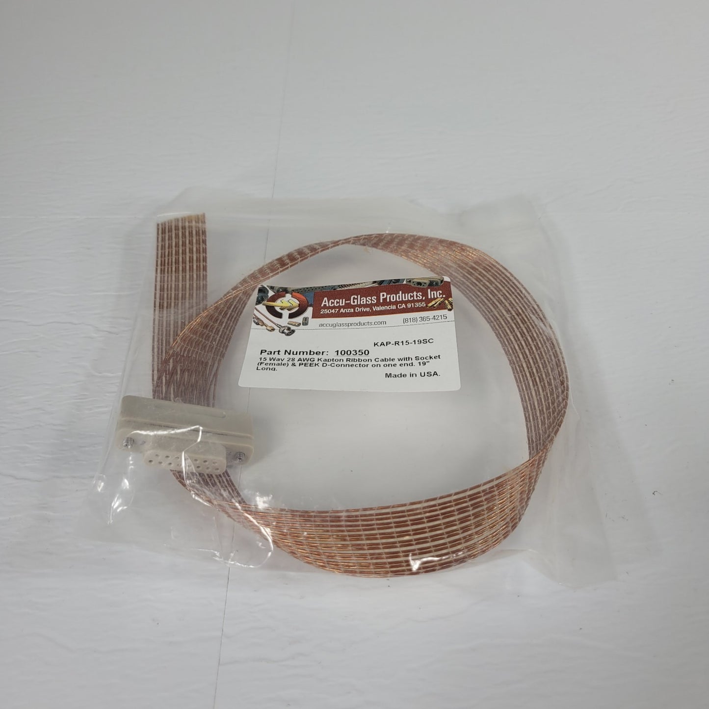 Accu-Glass 100350 15-Wire UHV High Vacuum Kapton Ribbon Cable w/ DB-15 19" Long