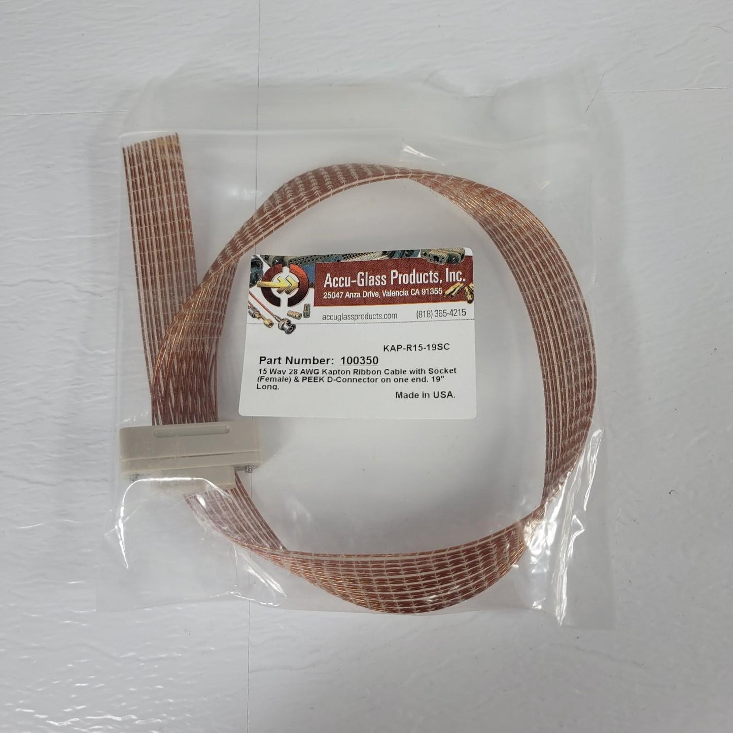 Accu-Glass 100350 15-Wire UHV High Vacuum Kapton Ribbon Cable w/ DB-15 19" Long