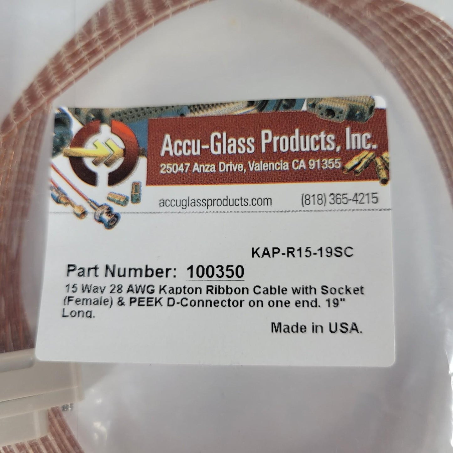 Accu-Glass 100350 15-Wire UHV High Vacuum Kapton Ribbon Cable w/ DB-15 19" Long