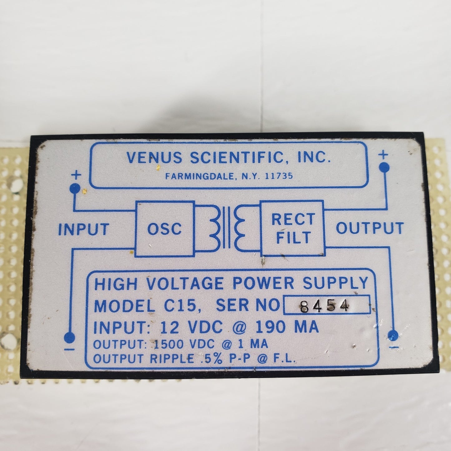 VENUS SCIENTIFIC INC. Model C15 High Voltage Power Supply 12VDC In, 1500VDC Out
