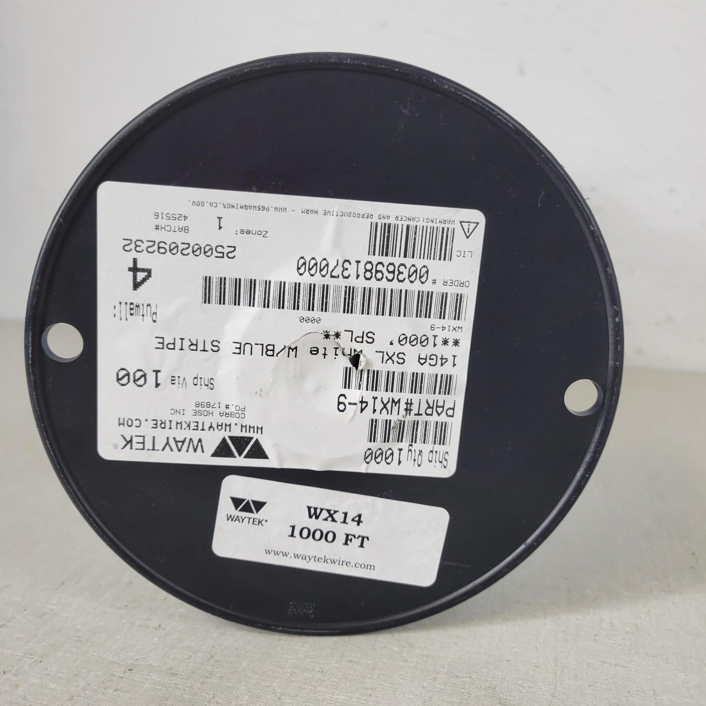 Partial Reel 450ft: Waytek WX14-9 White w/ Blue Stripe 14GA Copper Wire