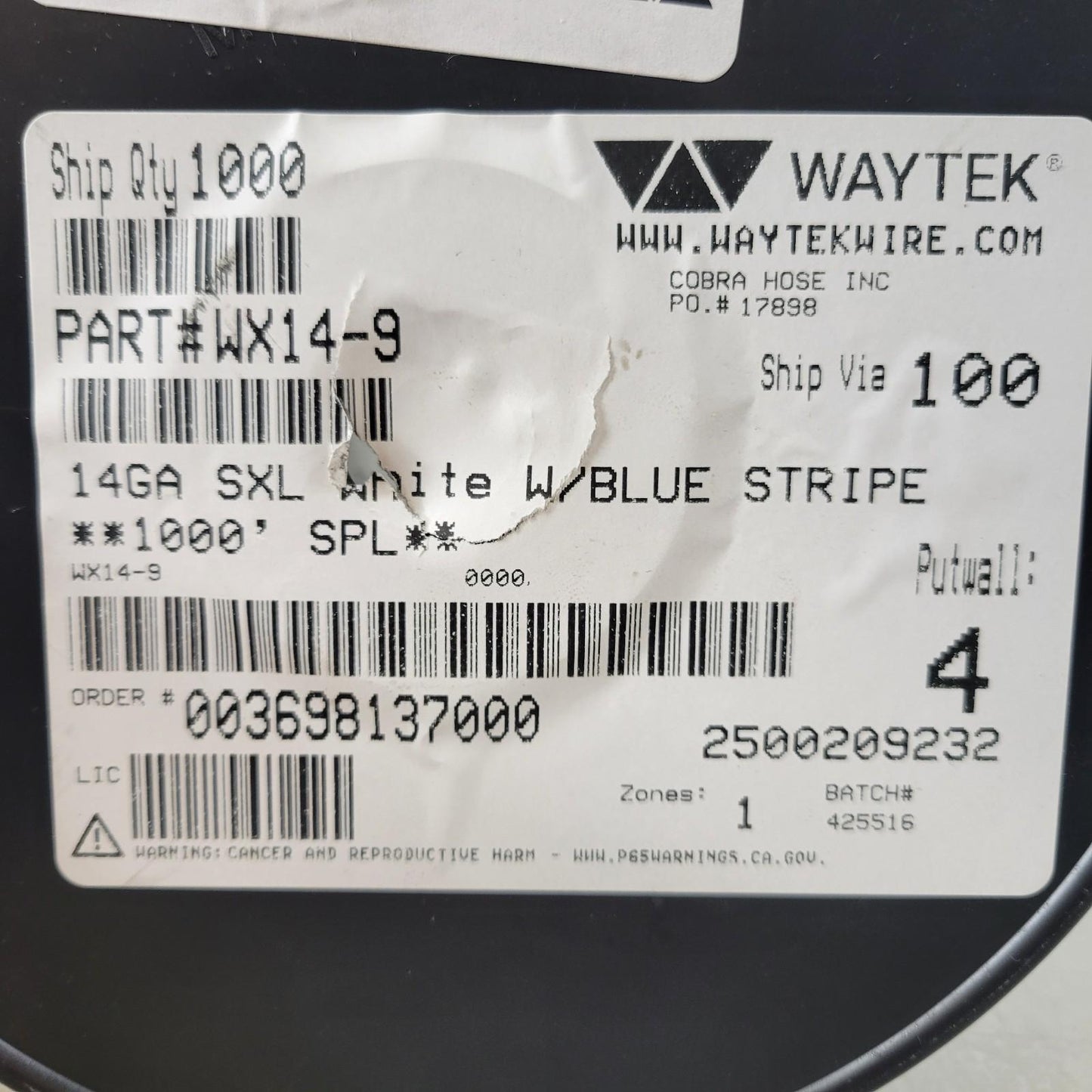 Partial Reel 450ft: Waytek WX14-9 White w/ Blue Stripe 14GA Copper Wire