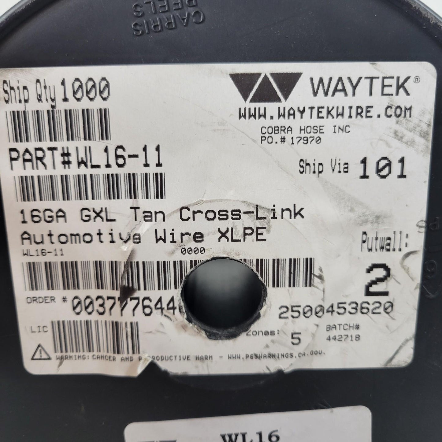 Partial Reel 280 ft Waytek WL16-11 GXL Tan Cross-Link Automotive Wire 16GA