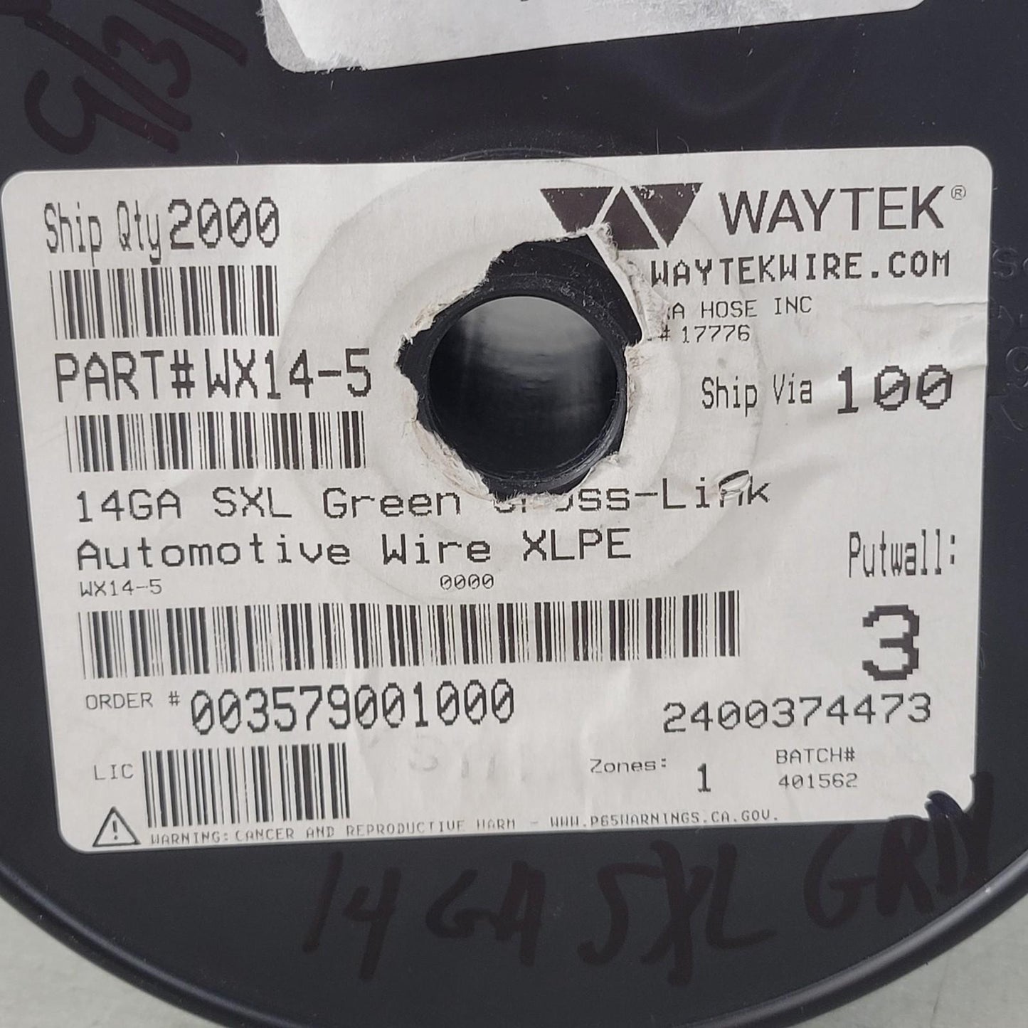 Partial Reel 310ft Waytek WX14-5 SXL Green Cross-Link Automotive Wire 14GA