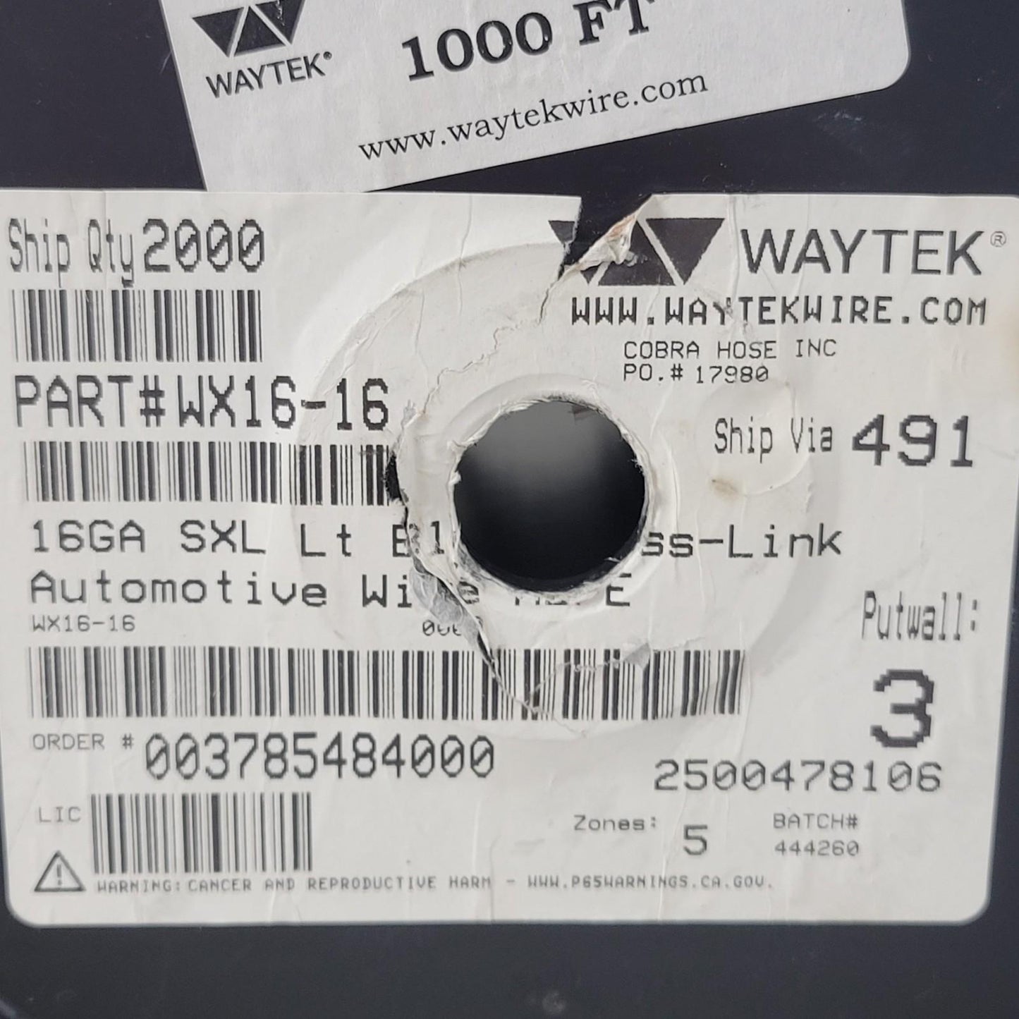 Partial Reel 700ft Waytek WX16-16 SXL Light Blue Cross-Link Automotive Wire 16GA