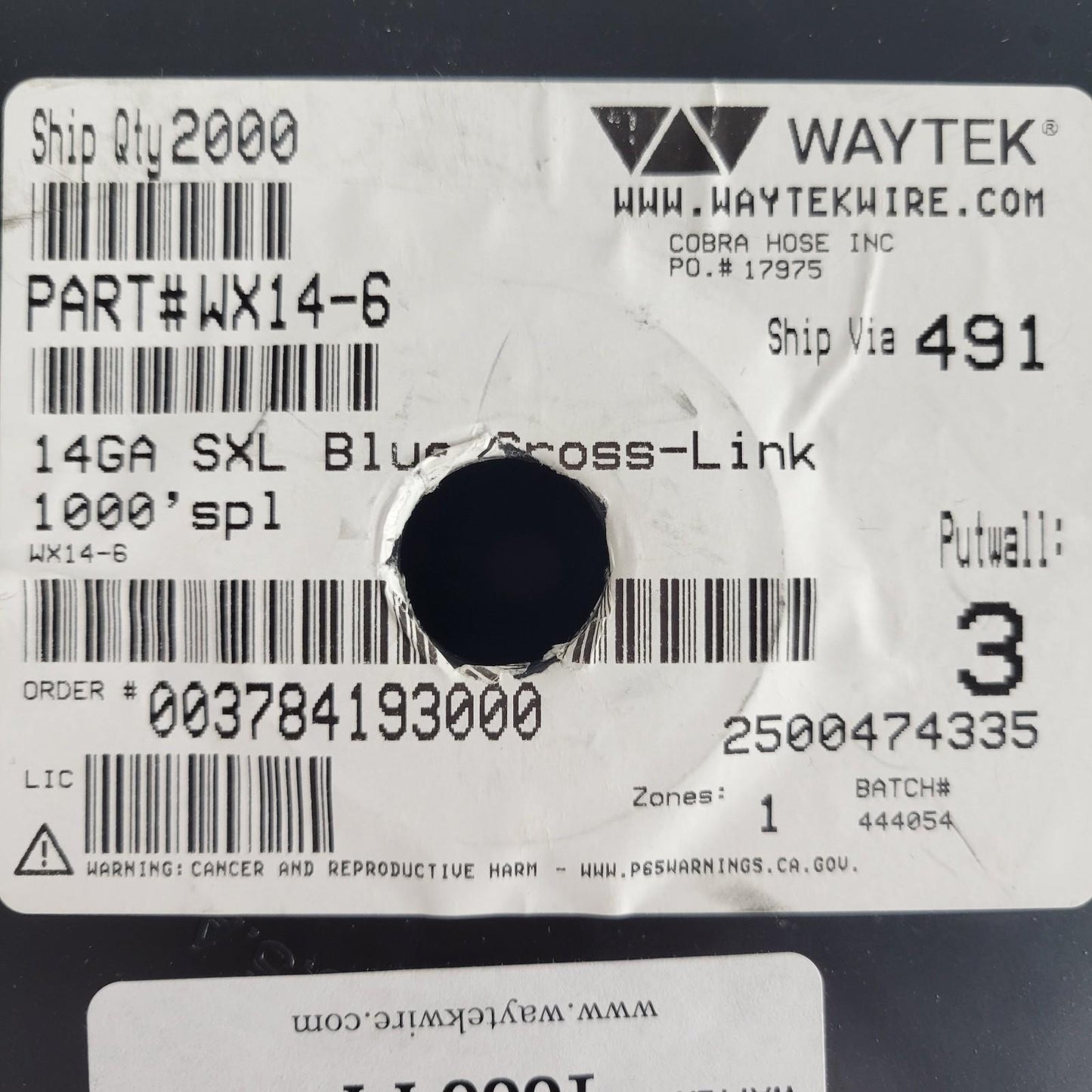 Partial Reel 180ft Waytek WX14-6 SXL Blue Cross-Link Automotive Wire 14GA