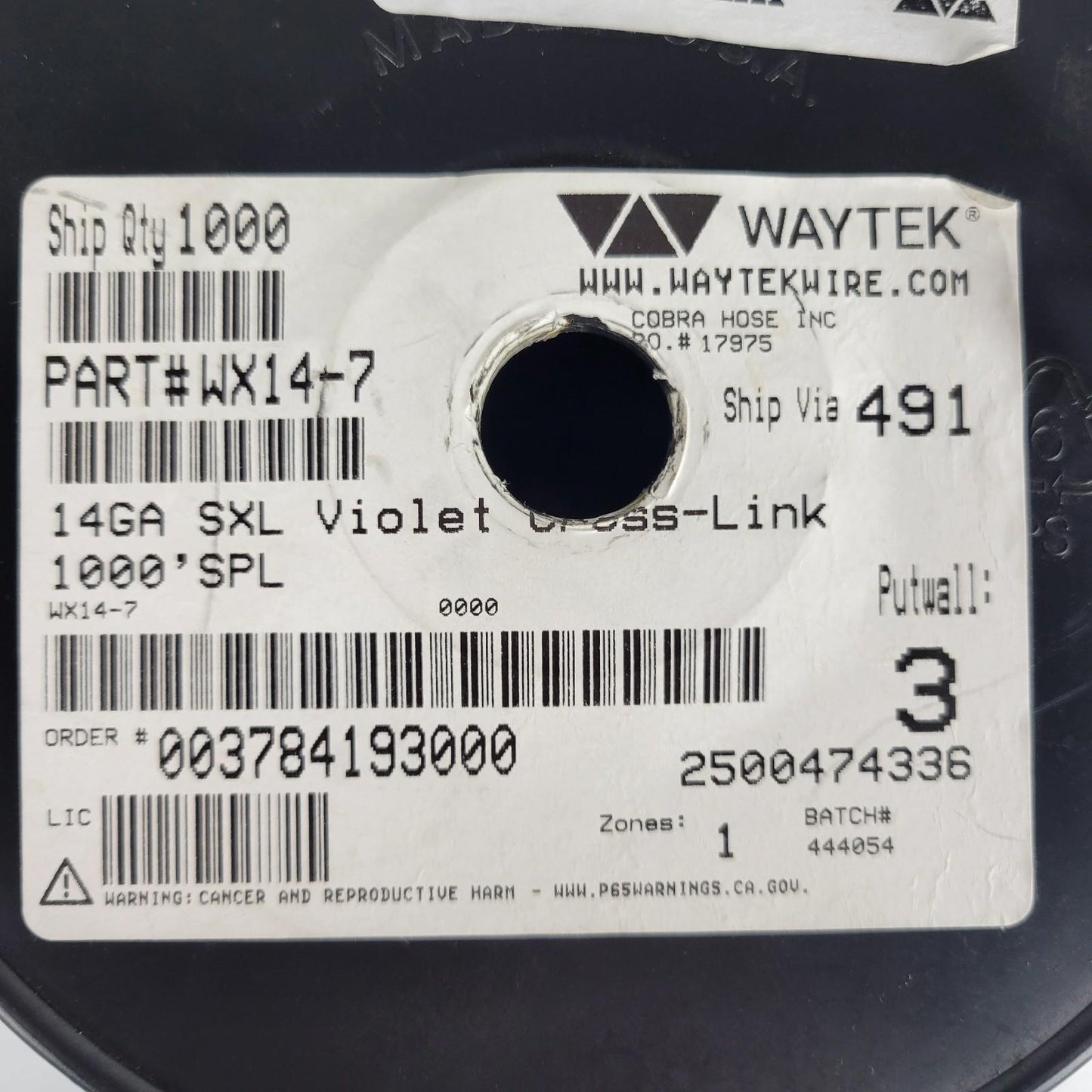Partial Reel 650ft Waytek WX14-7 SXL Violet Cross-Link Automotive Wire 14GA