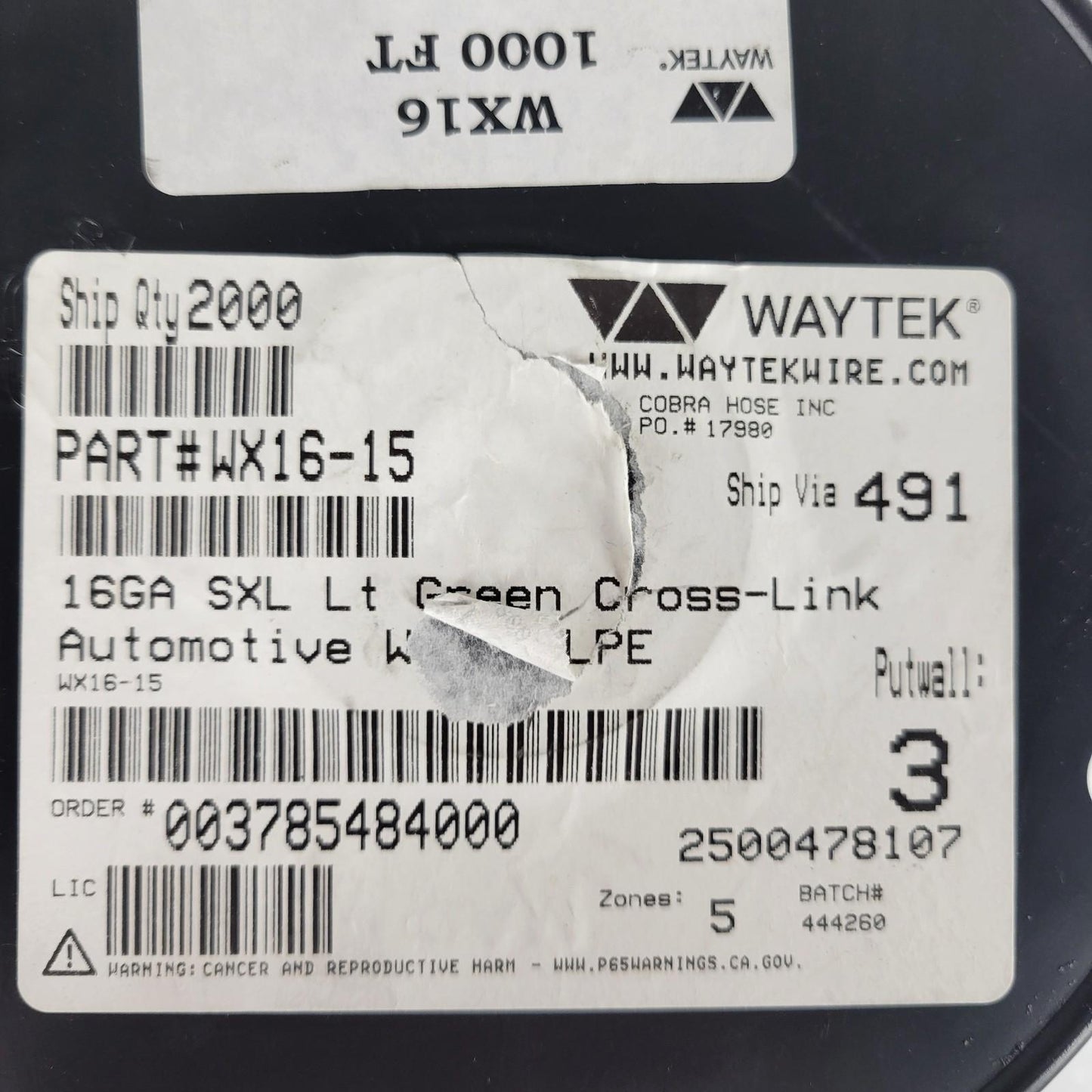 Partial Reel 560ft Waytek WX16-15 SXL Light Green Cross-Link Automotive Wire