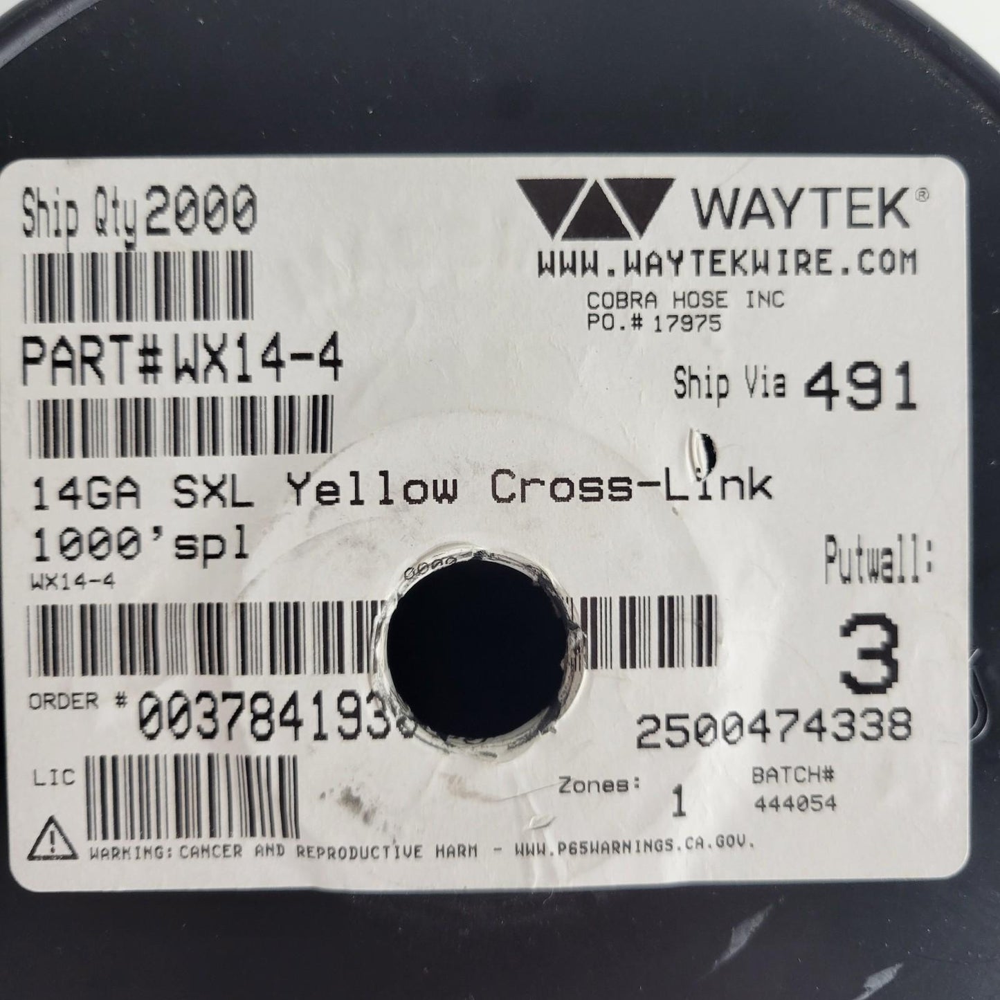Partial Reel 400ft Waytek WX14-4 SXL Yellow Cross-Link Automotive Wire 14GA