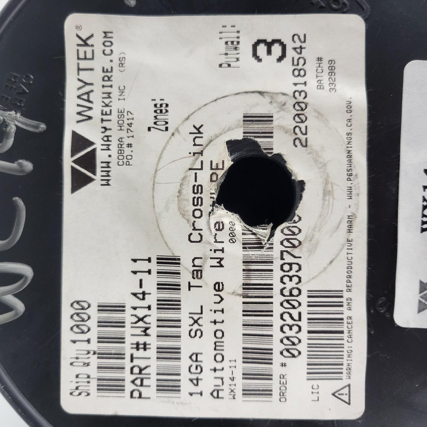 Partial Reel 370ft Waytek WX14-11 SXL Tan Cross-Link Automotive Wire 14GA