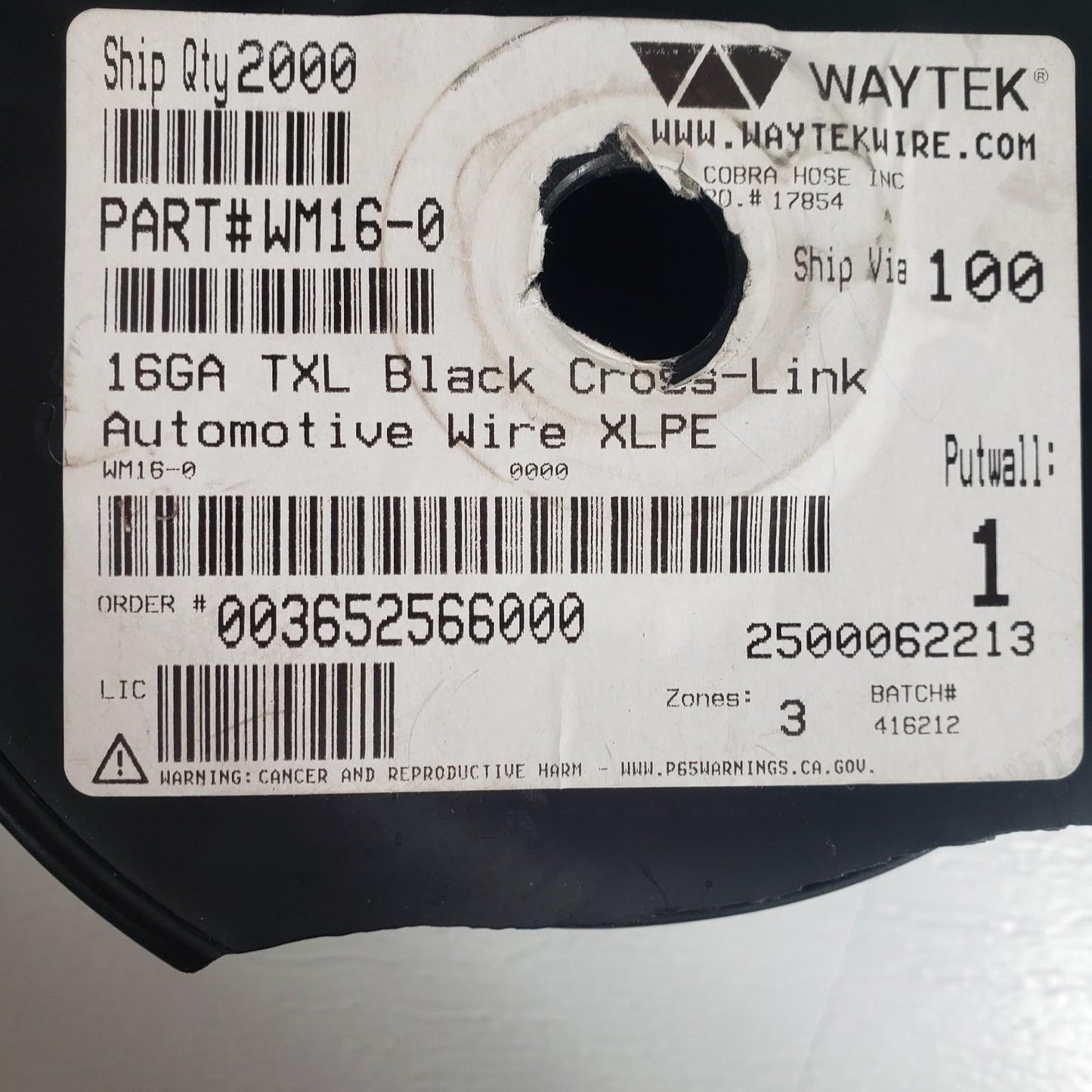 Partial Reel 860ft- Waytek WM16-0 TXL Black Cross-Link Automotive Wire 16GA