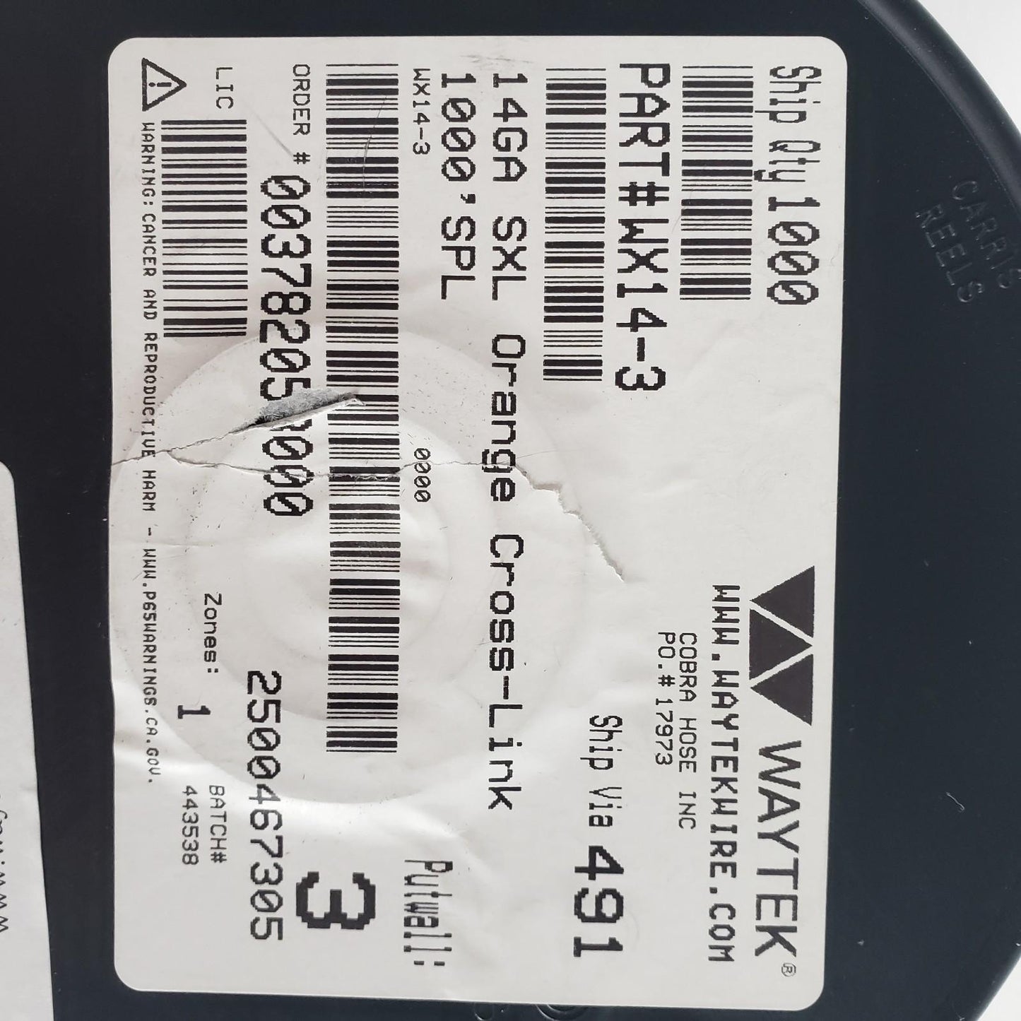 Partial Reel 900ft Waytek WX14-3 SXL Orange Cross-Link Automotive Wire 14GA