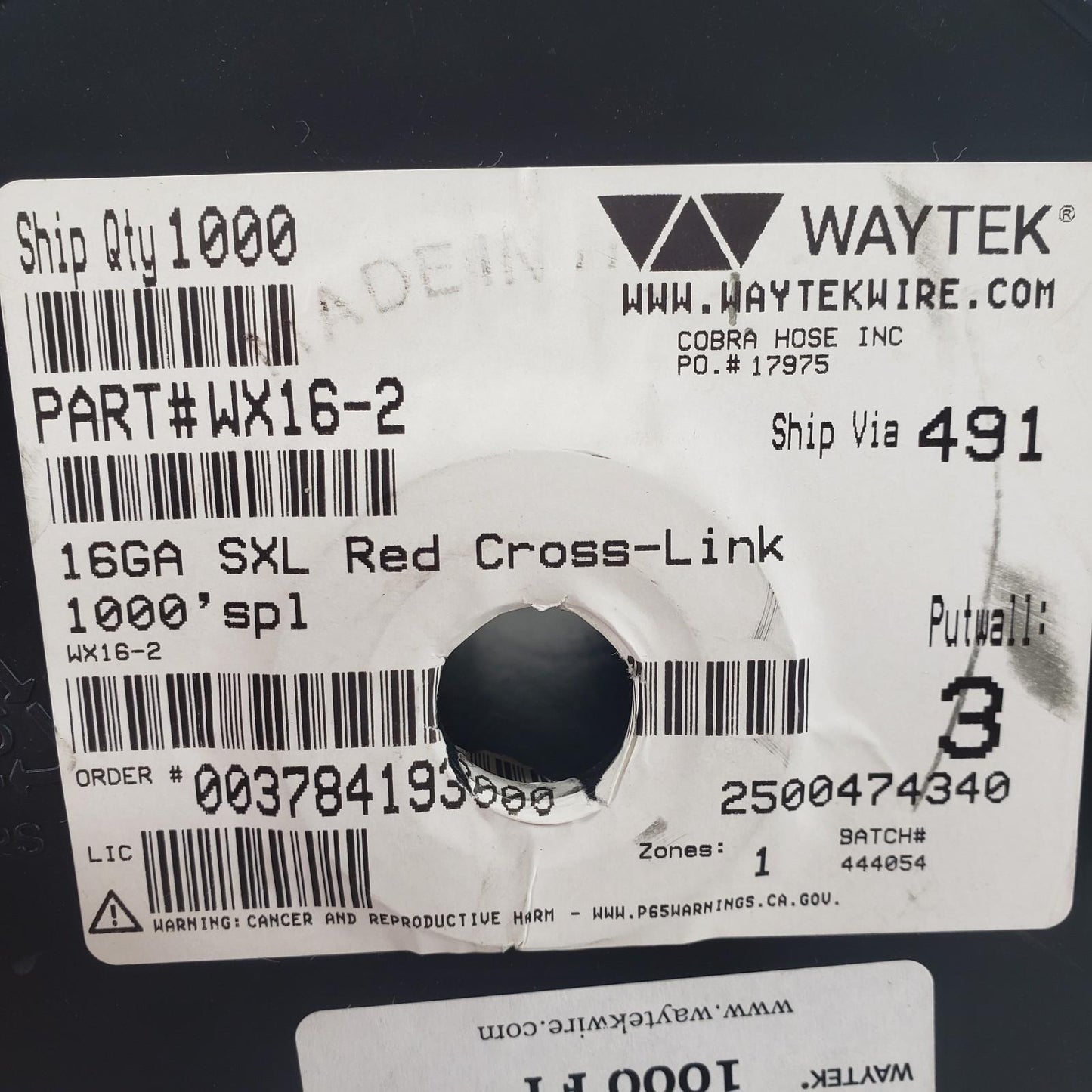 Partial Reel 820ft Waytek WX16-2 SXL Red Cross-Link Automotive Wire 16GA