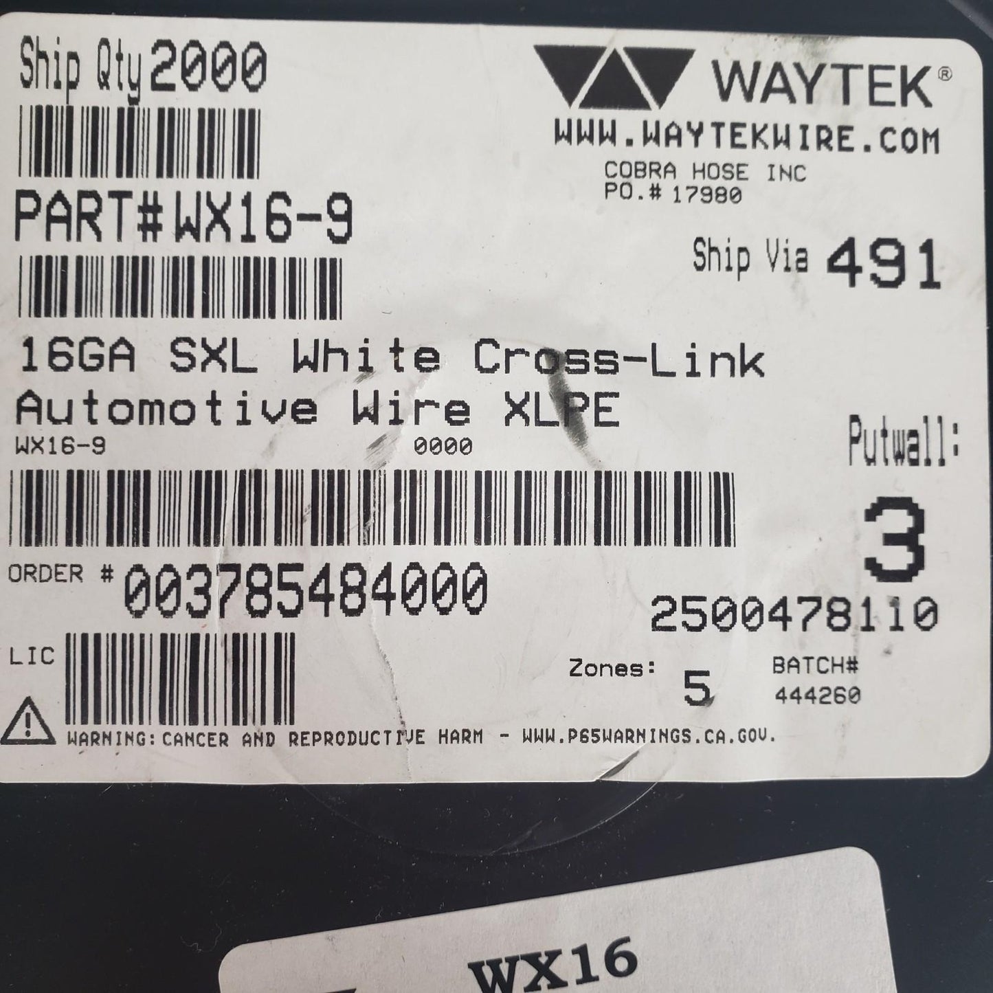 Partial Reel 700ft Waytek WX16-9 SXL White Cross-Link Automotive Wire 16GA