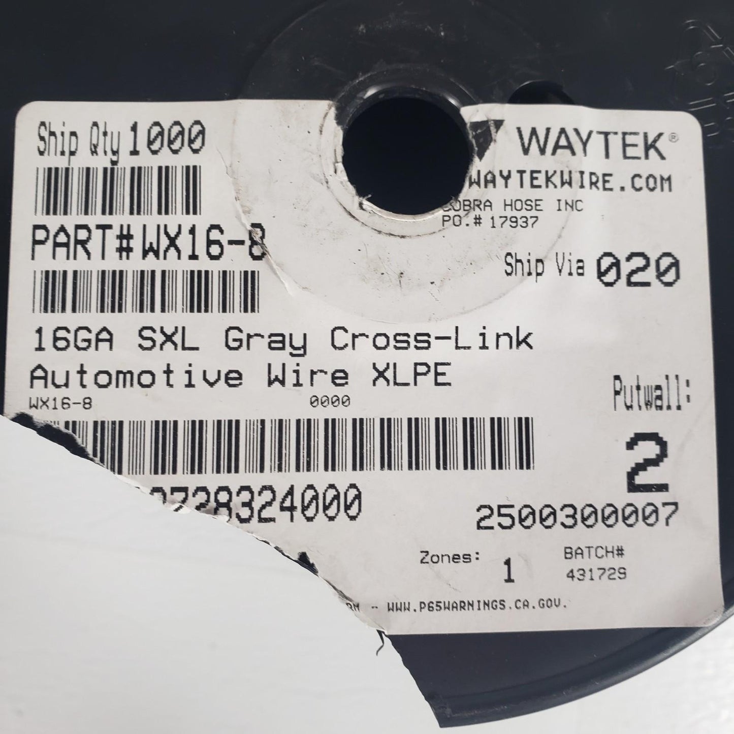 Partial Reel 240ft Waytek WX16-8 SXL Gray Cross-Link Automotive Wire 16GA