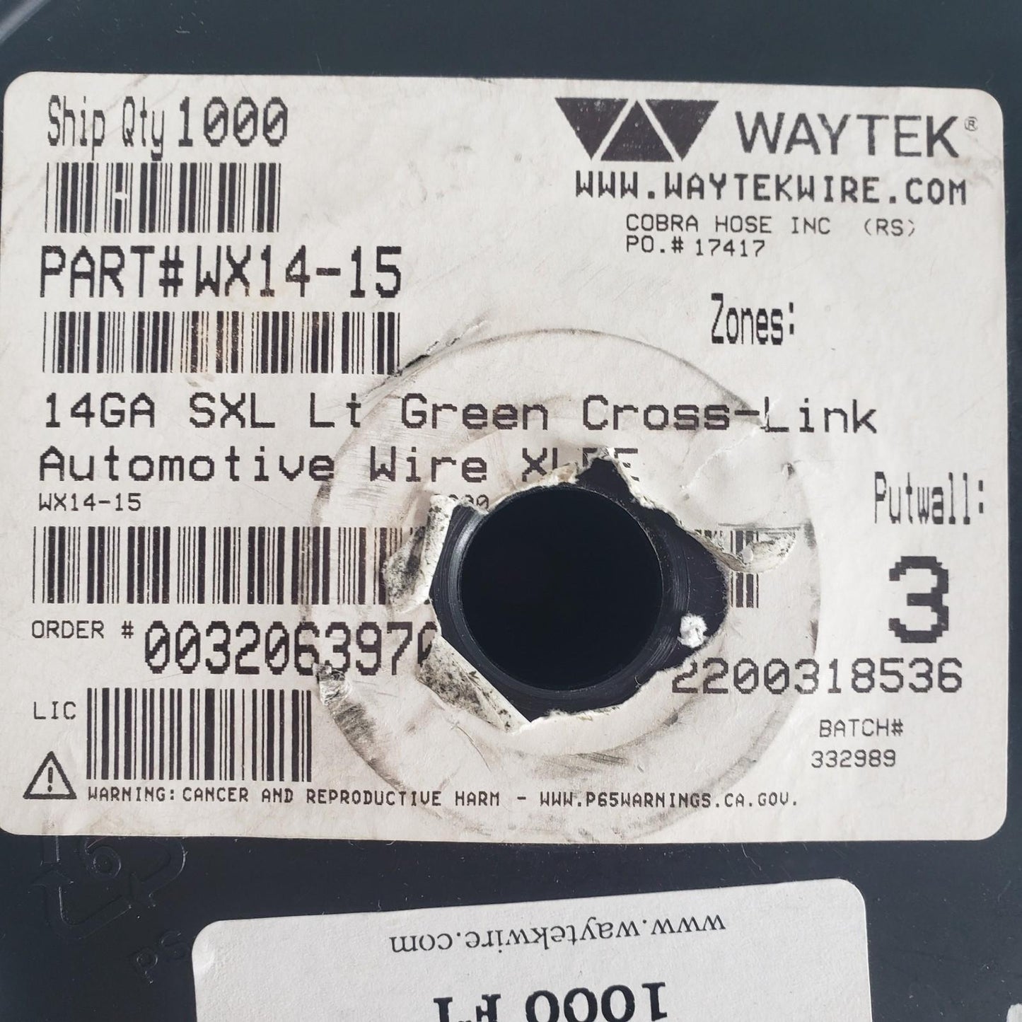 Partial Reel 420ft Waytek WX14-15 SXL Light Green Cross-Link Automotive Wire 14G
