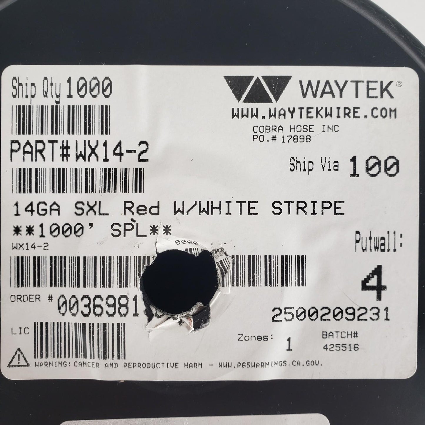 Partial Reel 380ft Waytek WX14-2 SXL Red & White Cross-Link Automotive Wire 14GA