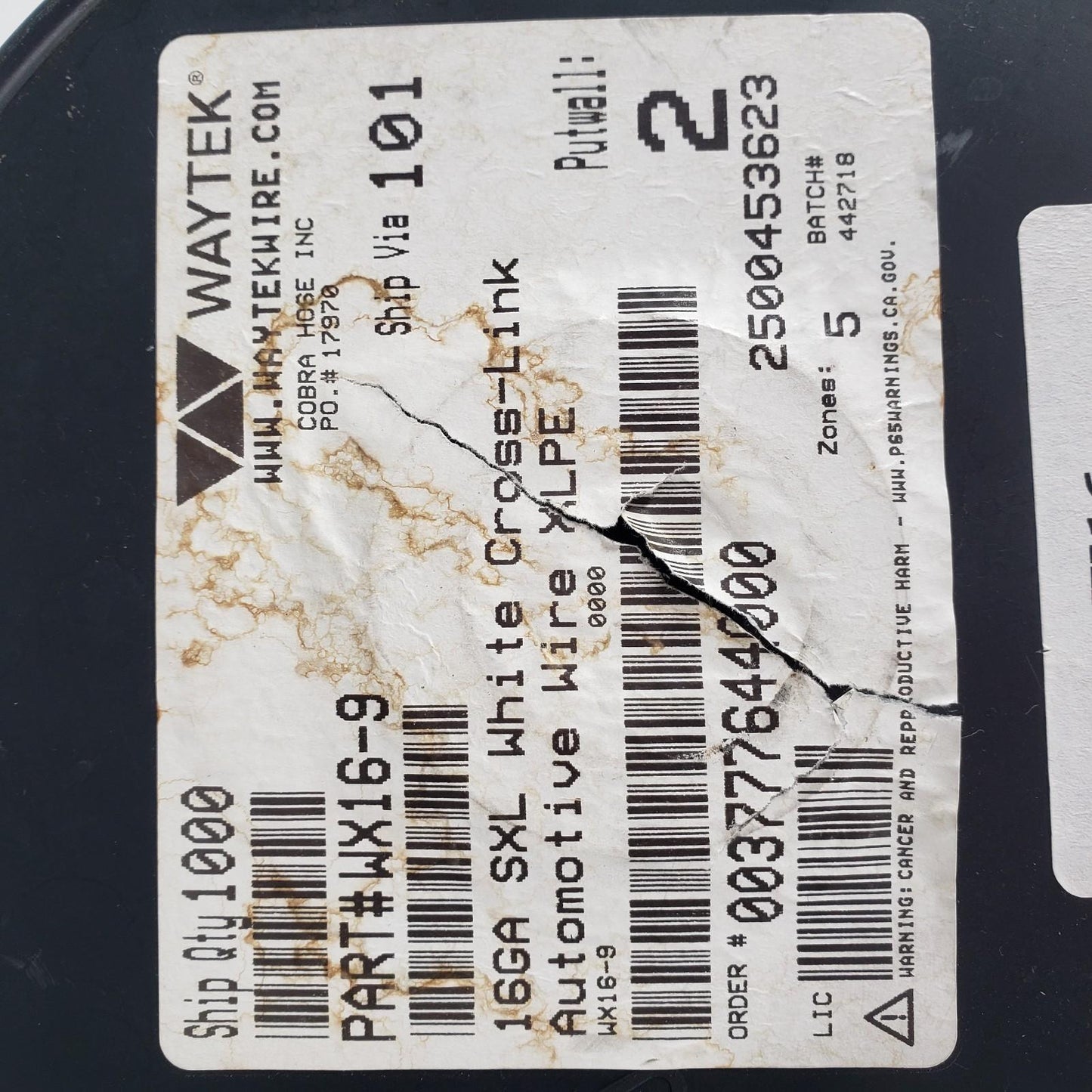 Partial Reel 270ft Waytek WX16-9 SXL White Cross-Link Automotive Wire 16GA