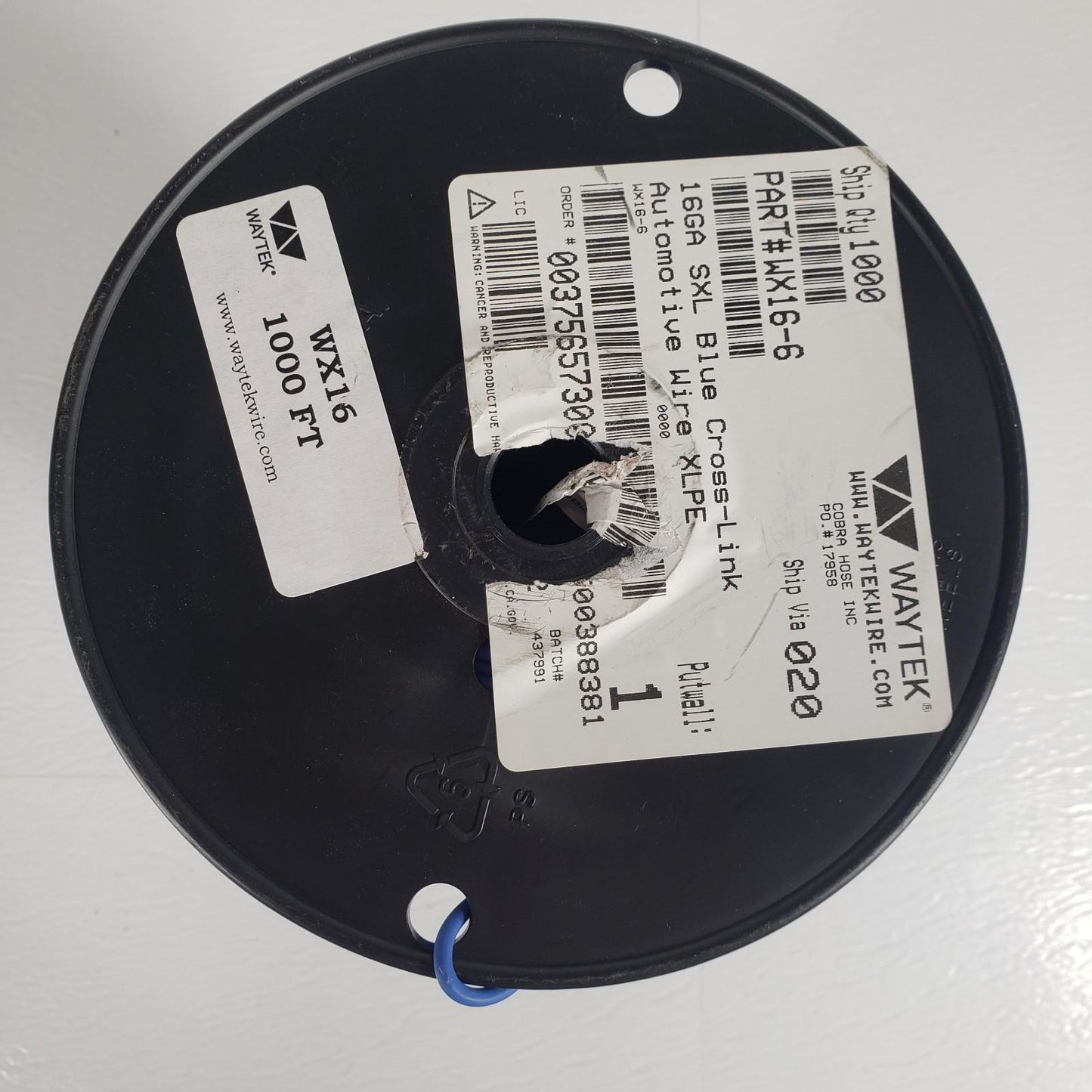 Partial Reel 270ft Waytek WX16-6 SXL Blue Cross-Link Automotive Wire 16GA